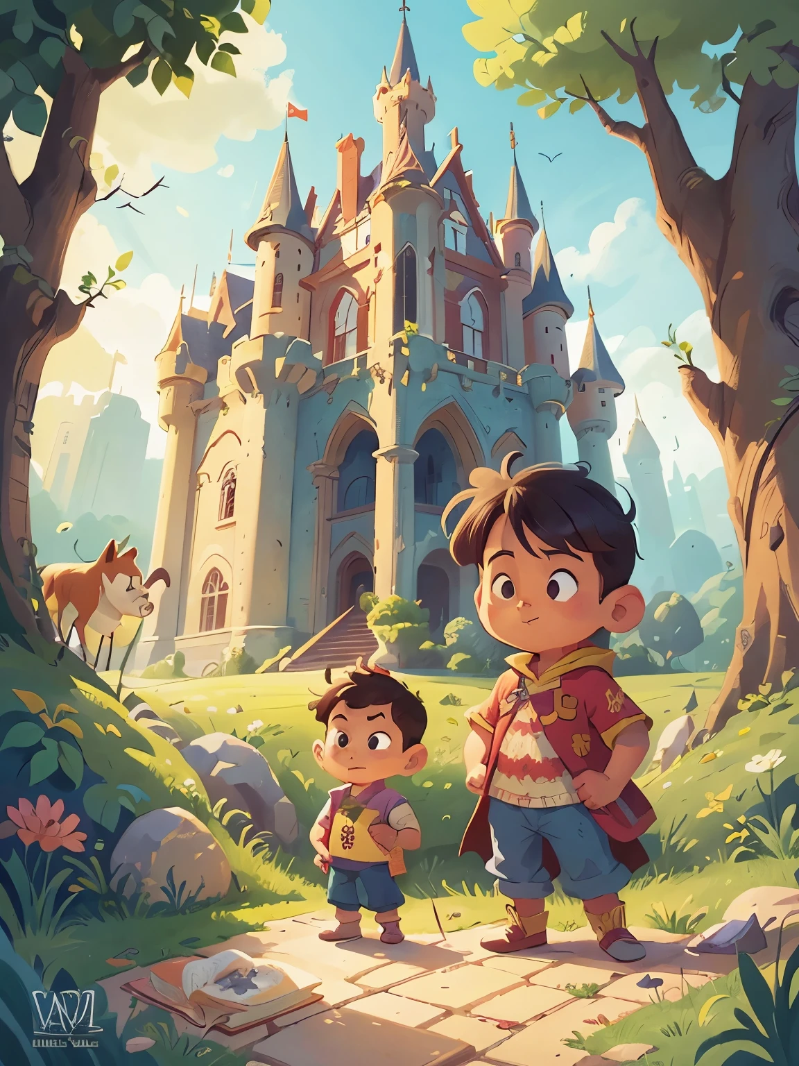 there is a cartoon picture of a king standing in front of a castle, kids book illustration, children’s book illustration, children's book illustration, children book illustration, childrens book illustration, childrenbook illustration, concept art of single boy, illustration for children, by Nancy Graves, colorful kids book illustration, full color illustration, by Mary Davis, artwork of pedro bell