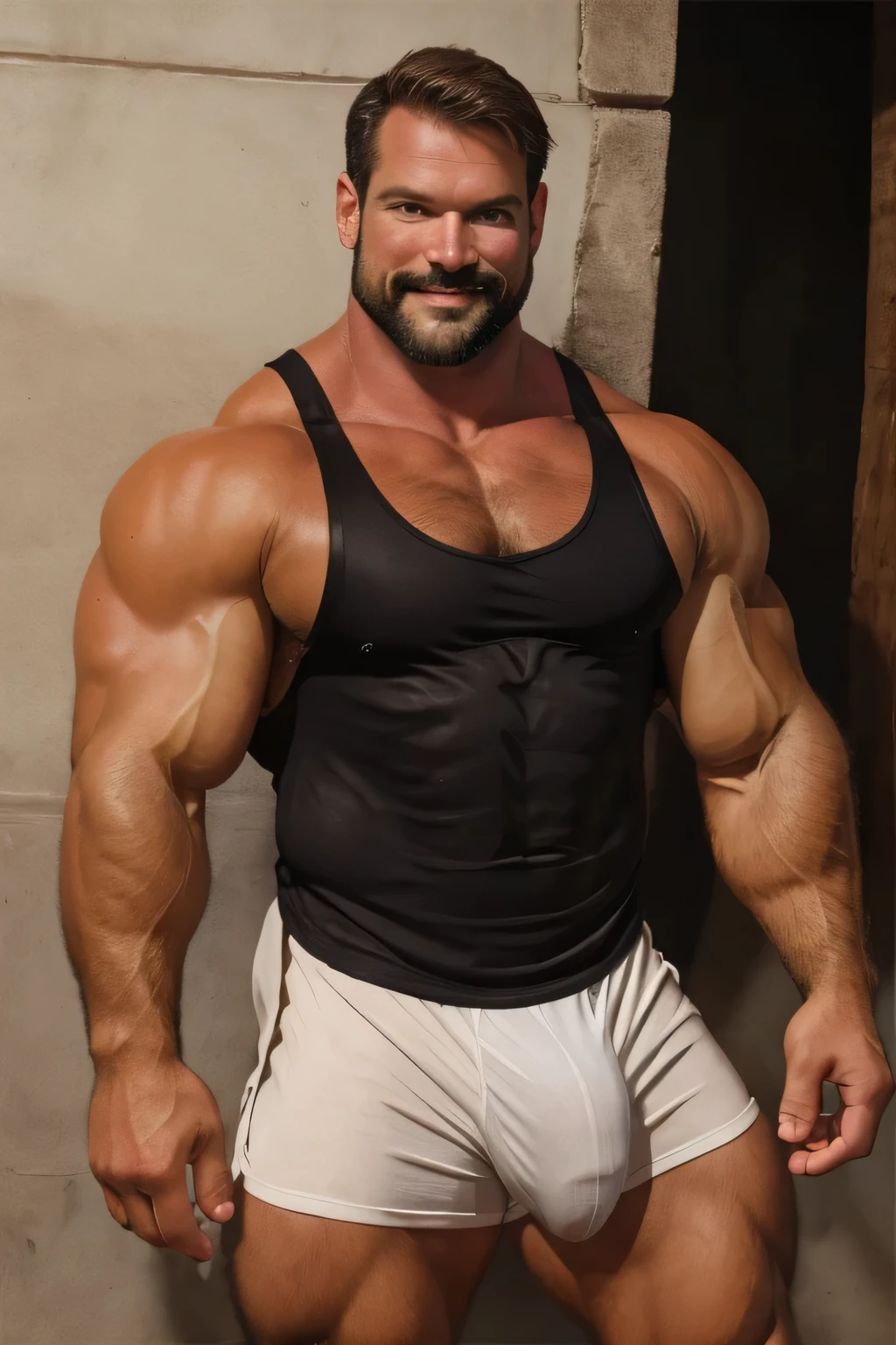 (handsome mature man), (50 yo), white man, wearing a tank top and sport shorts, bulge, (beefy:1.3), beard, looking at viewer, beautiful man, detailed eyes, symmetric face, smirk, robust