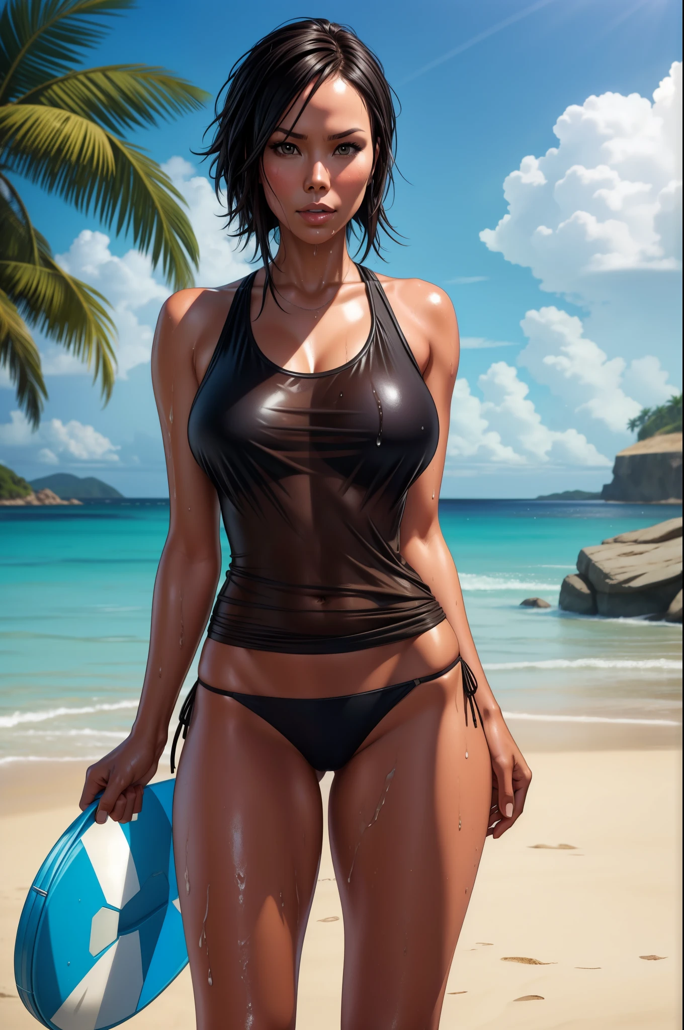 Lexa Doig, wet tshirt contest, tshirt, thong, standing, beach
