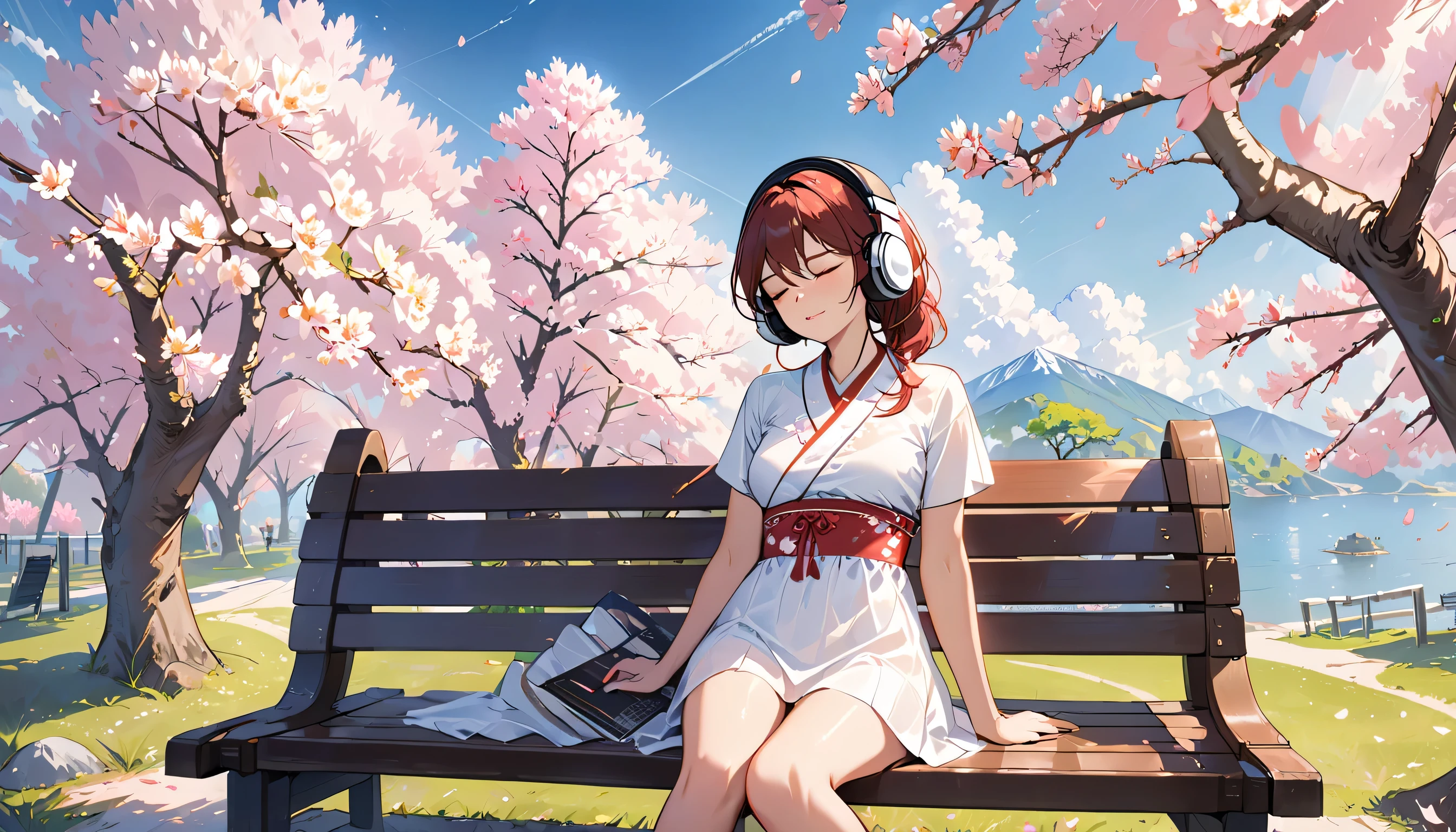((best quality)), ((masterpiece)), (detailed), perfect face, sitting under the cherry blossom tree, listening to music, One woman, wearing headphones, eyes closed, wearing underwear, underwear is transparent, sitting on a bench