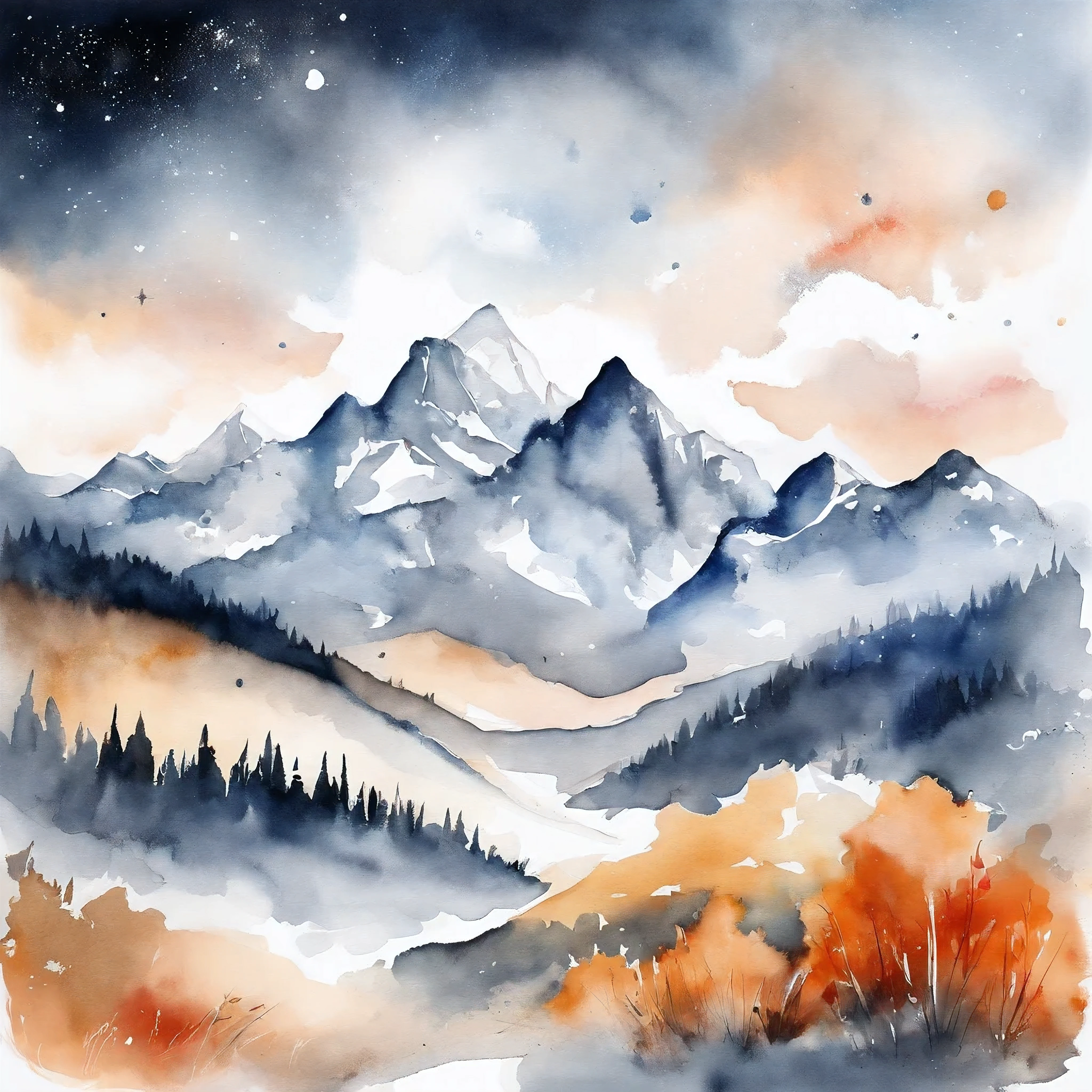 Details of the intricate painting of the Alps mountains, Galaxy in the background, Clouds, vibrant color, High contrast, mont, vector line art, orange highlights, trending in pixie, anime concept art, stick, Mattia, high quality, edge-to-edge