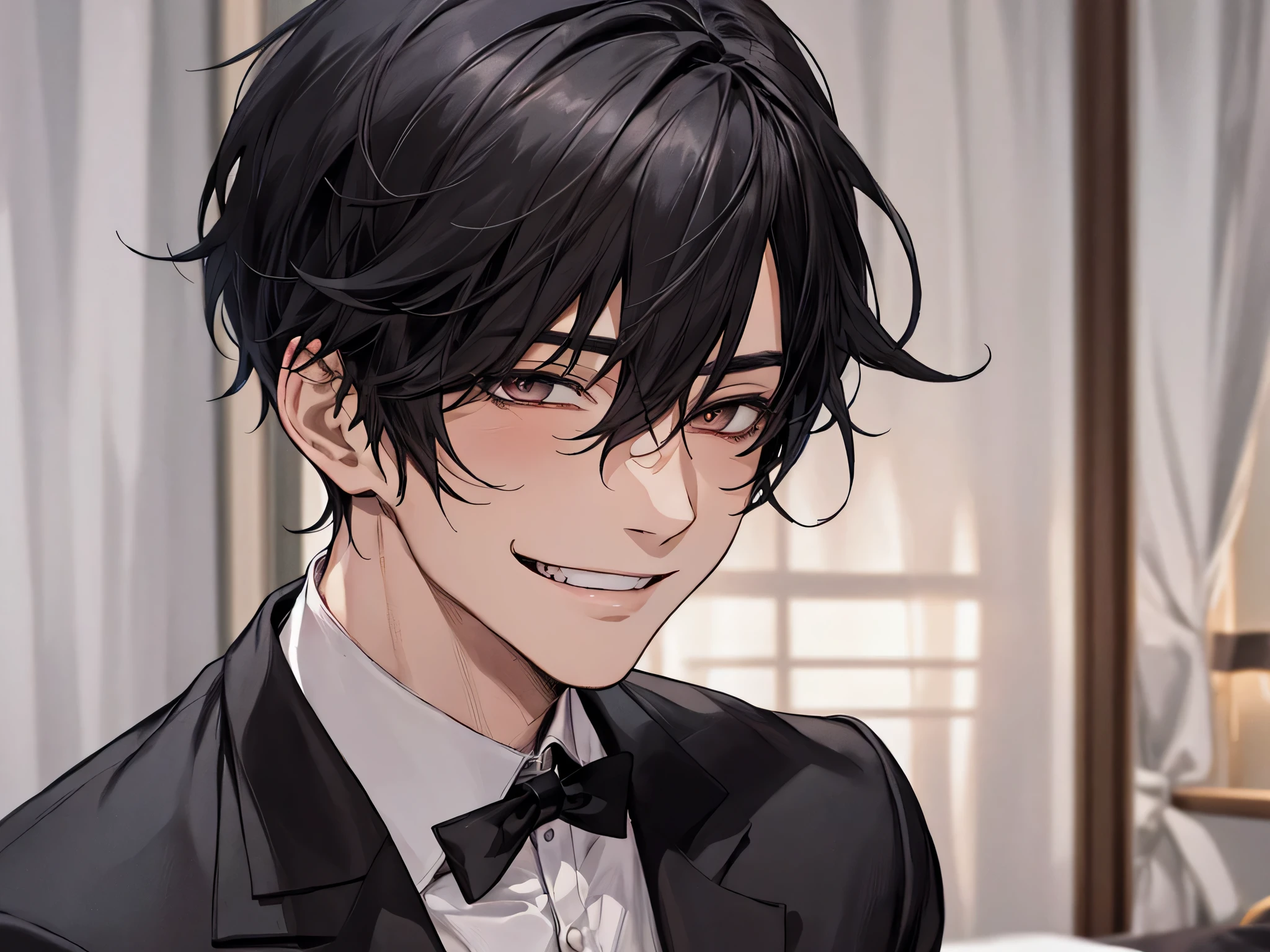Butler.,male,Black-haired,Upper Body,Face close-up,Horny,Smiling yandere atmosphere,Hotel room bed、night