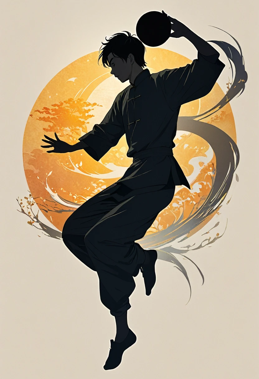 Man wearing Chinese clothes doing Tai Chi(dynamic) Simple textured silhouette graphic masterpiece, Beautiful detailed ultra high definition beautiful artistic man side view view (Simple silhouette) 在白色的背景下創造淡淡渐層的流暢有速度感的 dynamic模糊 迷幻 虚幻 飘忽 动态的淡淡漸層水墨流暢感 水墨潑濺 流動漸層速度感 高清細緻 大師藝術作品 矢量艺术效果 流動漸層水墨等元素 给作品带来生动和独特的氛围 光影效果矢量艺术中运用光影的效果，Create a sense of three-dimensionality and dynamics using simplicity in vector art、Pure expression，