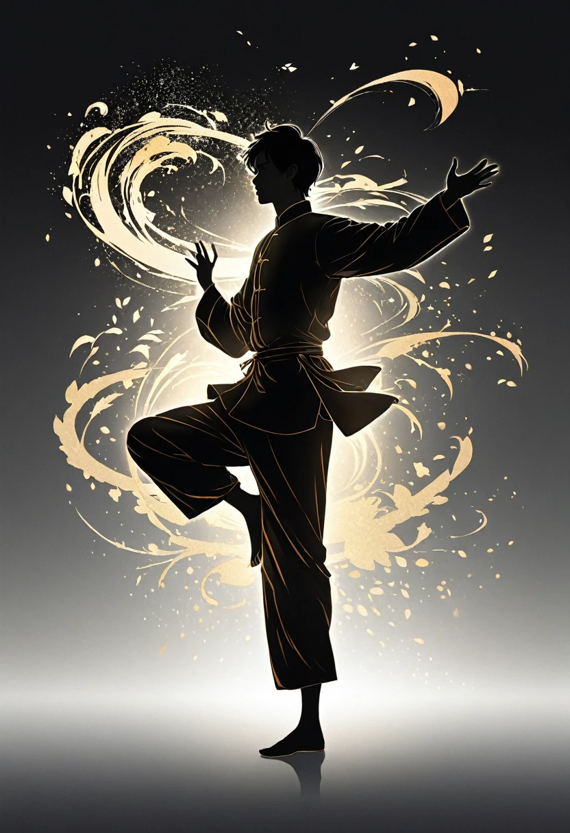 Man wearing Chinese clothes doing Tai Chi(dynamic) Simple textured silhouette graphic masterpiece, Beautiful detailed ultra high definition beautiful artistic man side view view (Simple silhouette) 在白色的背景下創造淡淡渐層的流暢有速度感的 dynamic模糊 迷幻 虚幻 飘忽 动态的淡淡漸層水墨流暢感 水墨潑濺 流動漸層速度感 高清細緻 大師藝術作品 矢量艺术效果 流動漸層水墨等元素 给作品带来生动和独特的氛围 光影效果矢量艺术中运用光影的效果,Create a sense of three-dimensionality and dynamics using simplicity in vector art、Pure expression,
