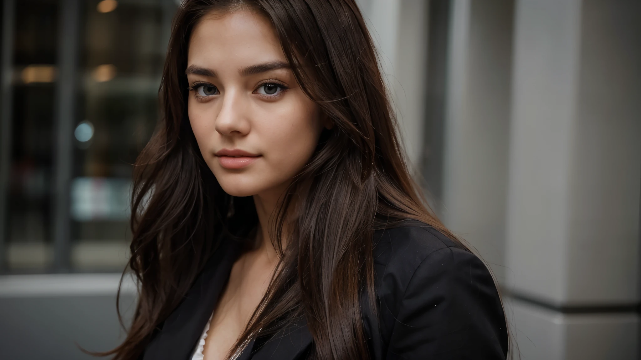 a beautiful girl, so attractive look, attractive eyes, long hair, good looking and cute face, seeing directly in the camera, wearing office dress, black coat, realistic, real skin, 8k, hd
