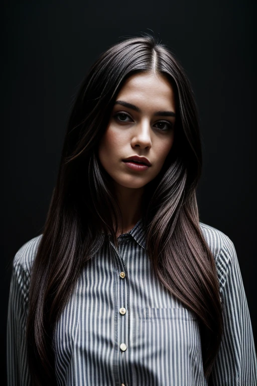 a woman with long hair wearing a striped shirt, a portrait by Isabel Naftel, trending on pinterest, bauhaus, minimalist, angular, ornate