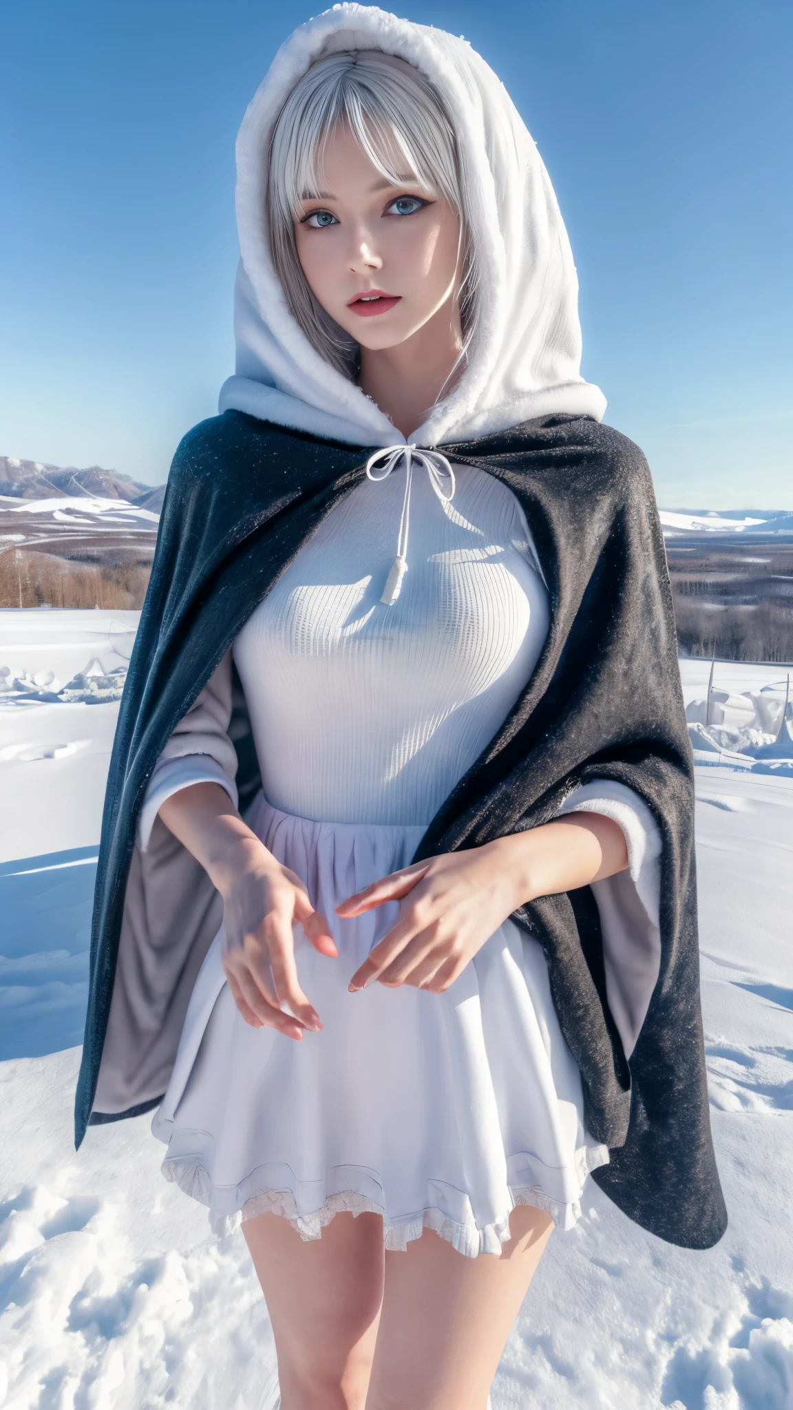 8k，Photorealistic, high resolution, 1 Women, Solo, Hips up,(Lolita costume)， Beautiful eyes, White hair, ringed eyes, (Sit，Cloak，snowfield)，((lifting her skirt，spread their legs))，