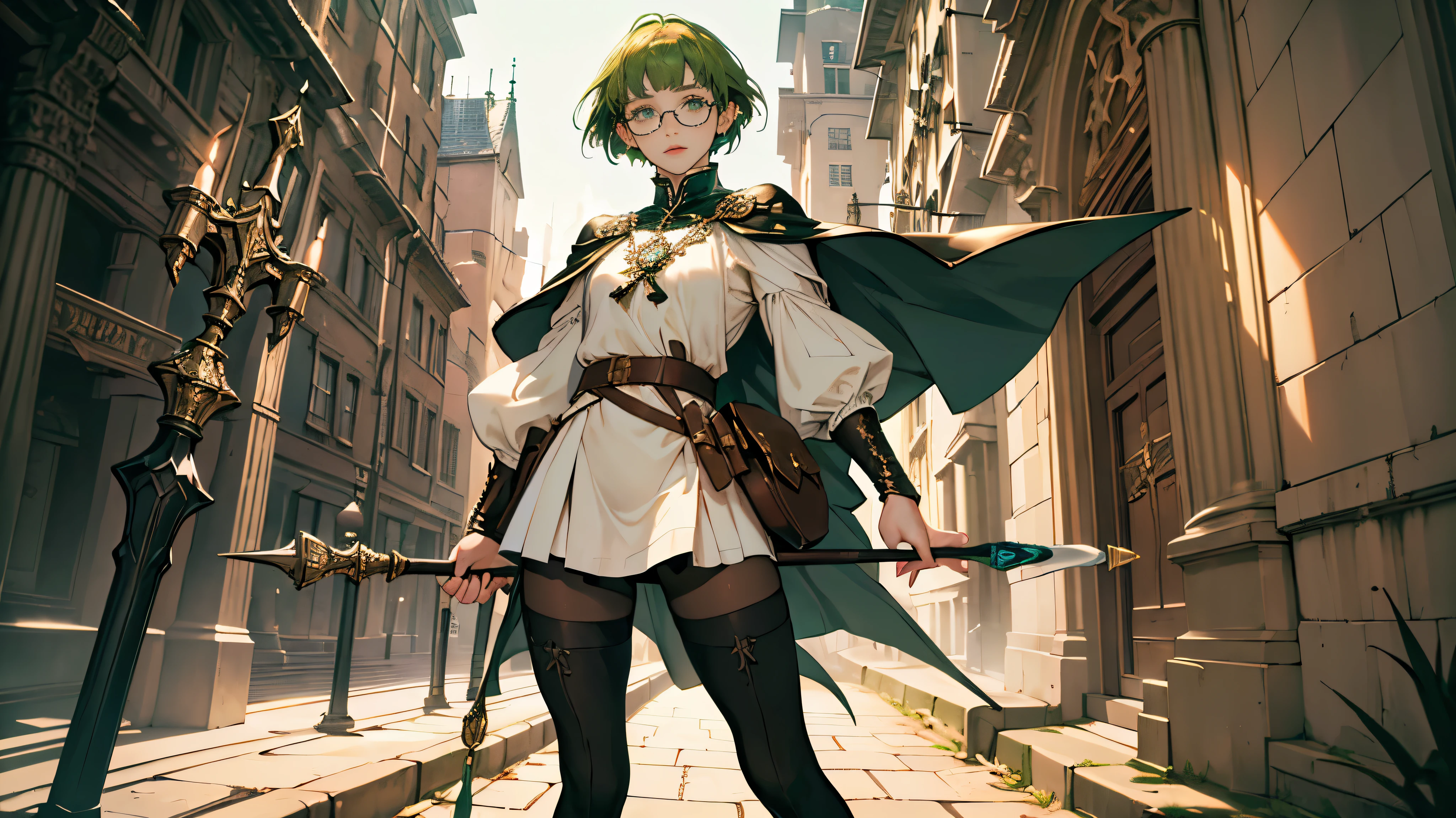 masterpiece, ultra detailed, 8k portrait, RAW photo, portrait photography, highly detailed face, beautiful and meticulous eyes, ((Fantasy)), Young beautiful, 15 years old, girl, dynamic pose, (((short deep green bobbed hair))), blunt bangs, White skin color, glasses, Luxury, (((tunic and short skirt))), (((brown cape))), (((little waist hip pouch))), (((dark thigh high tights))), high cut leather boots, ((holding long magical staff)), Midday Sun, hyper realistic, slender body, flat chest, Long legs, on the medieval road, Ambient lighting, Shadow details , Camera focus on face, strong breeze, Light fog