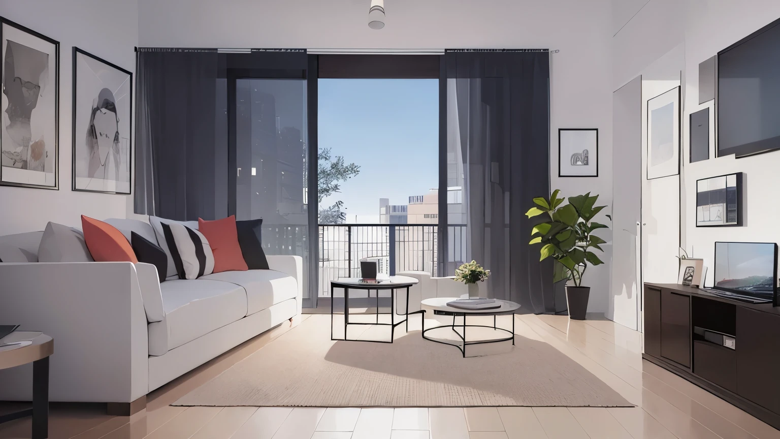 The background is the living room of the apartment