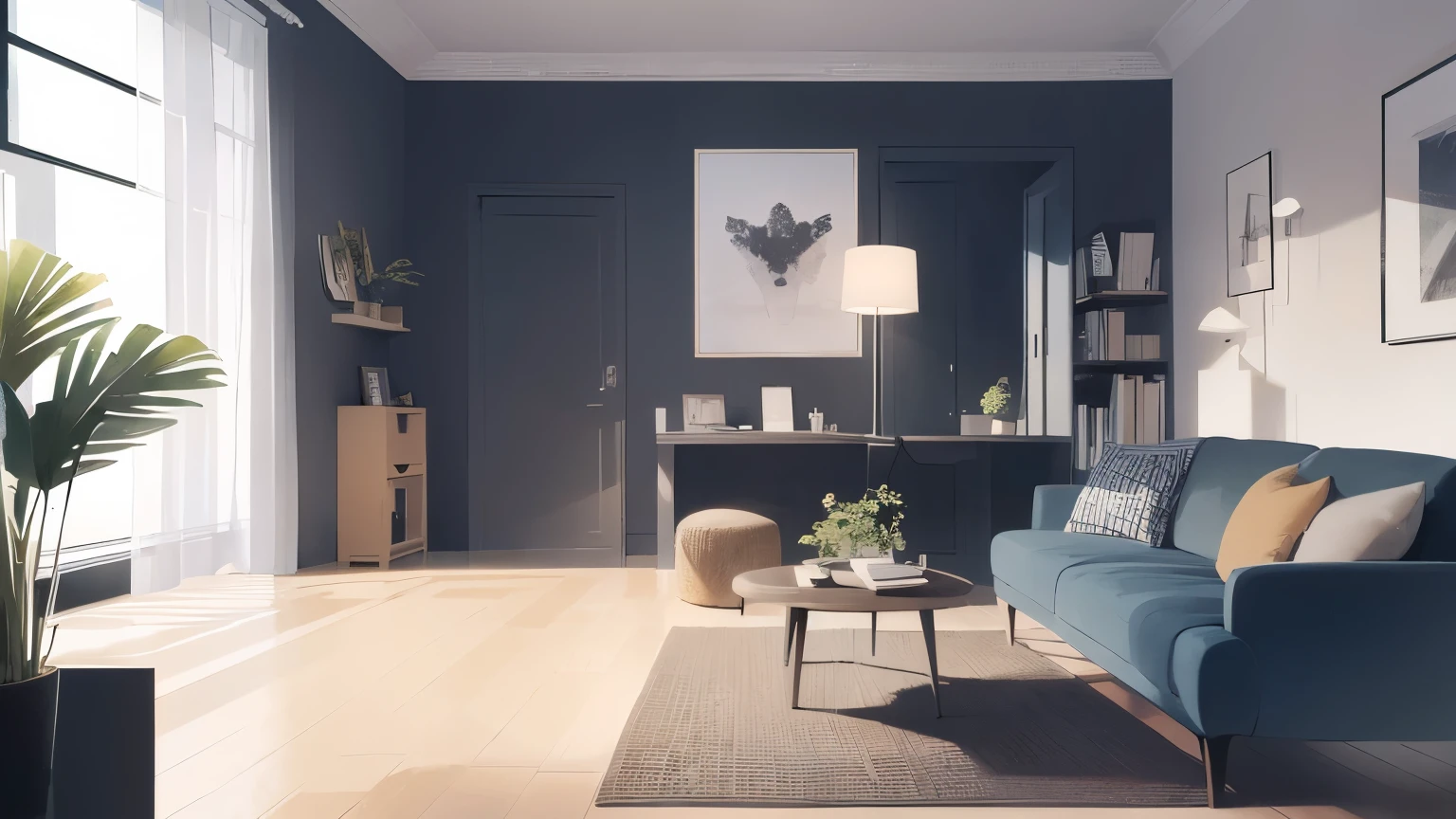 The background is the living room of the apartment