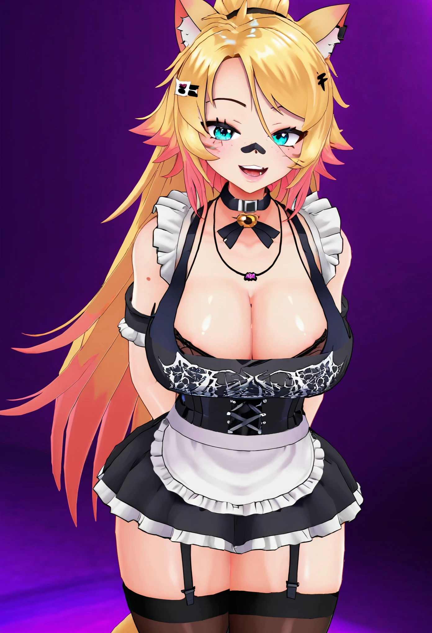 (8k, RAW photos, top quality, masterpiece: 1.2), (High Quality), ray tracing, HDR, (High Details), (Face detail), (Shadow Detail), 1girl, solo, obkatiekat, 3d, 3d render, vtuber, blonde hair, cat ears, maid outfit, thick thighs, cleavage, large breasts, cat tail,