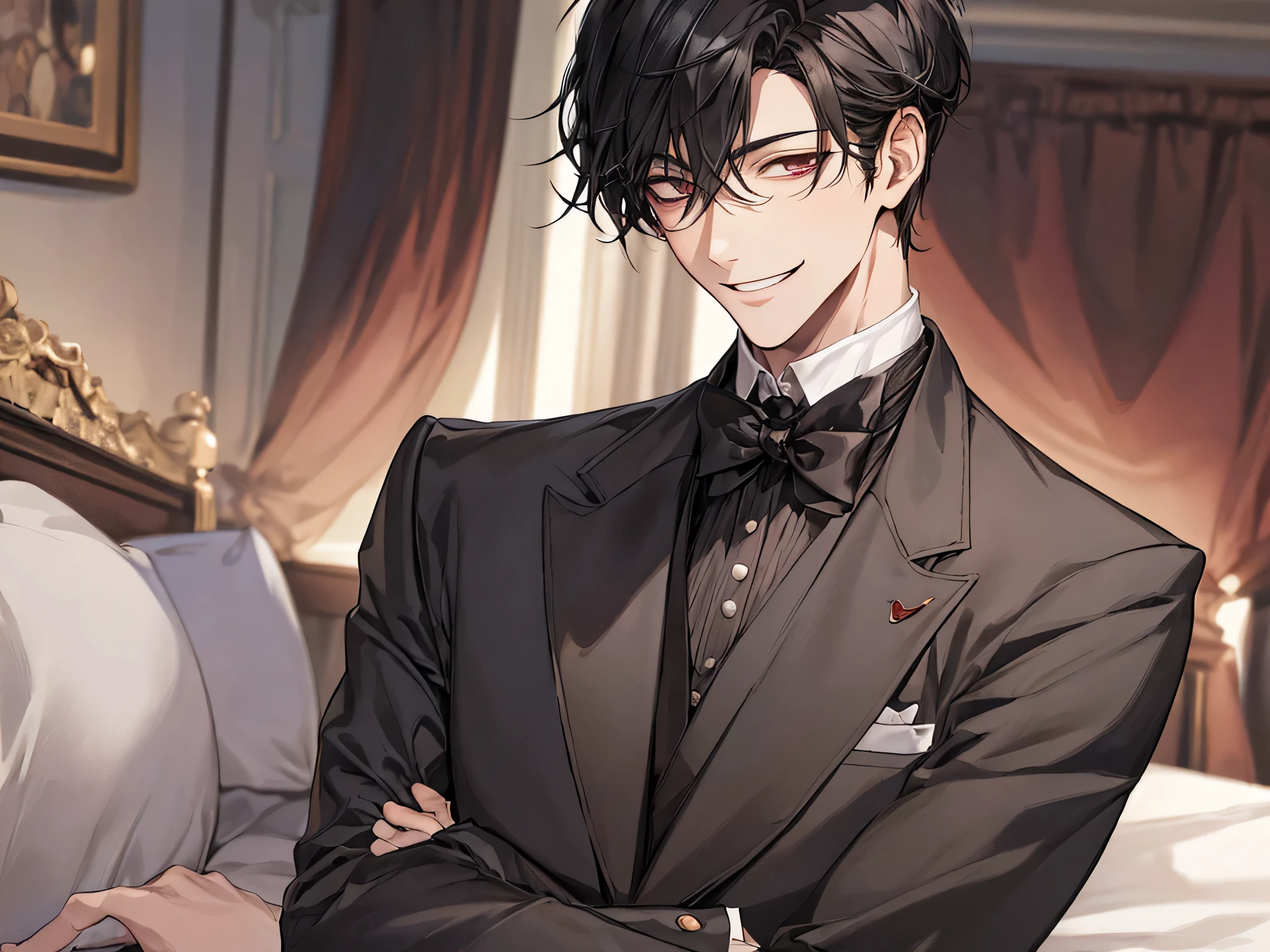 Butler.,30th Generation,male,Black-haired,Brush your hair up,Upper Body,Face close-up,Horny,Smiling yandere atmosphere,Hotel room bed、night