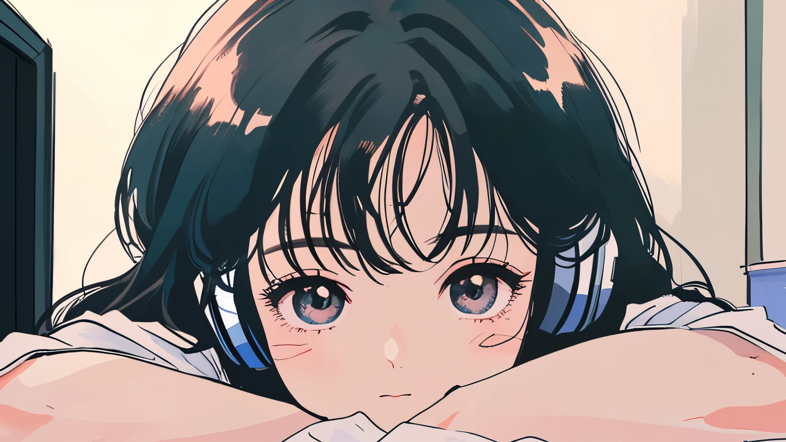 close-up of a girl's face lying in bed looking at the ceiling while listening to music