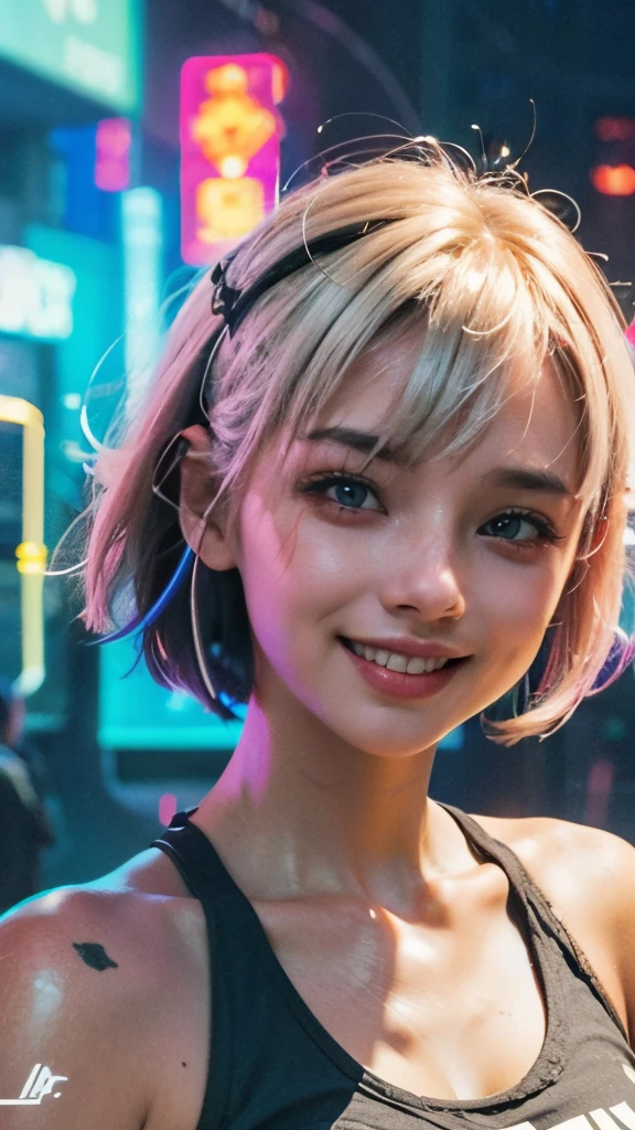 A colorful Bob cut haired punk girl, smooth white skin, innocent look, , Ultra high res, uhd, (photorealistic:1.4), cyberpunk outfit, winking, smiling ear to ear, neon lighting
