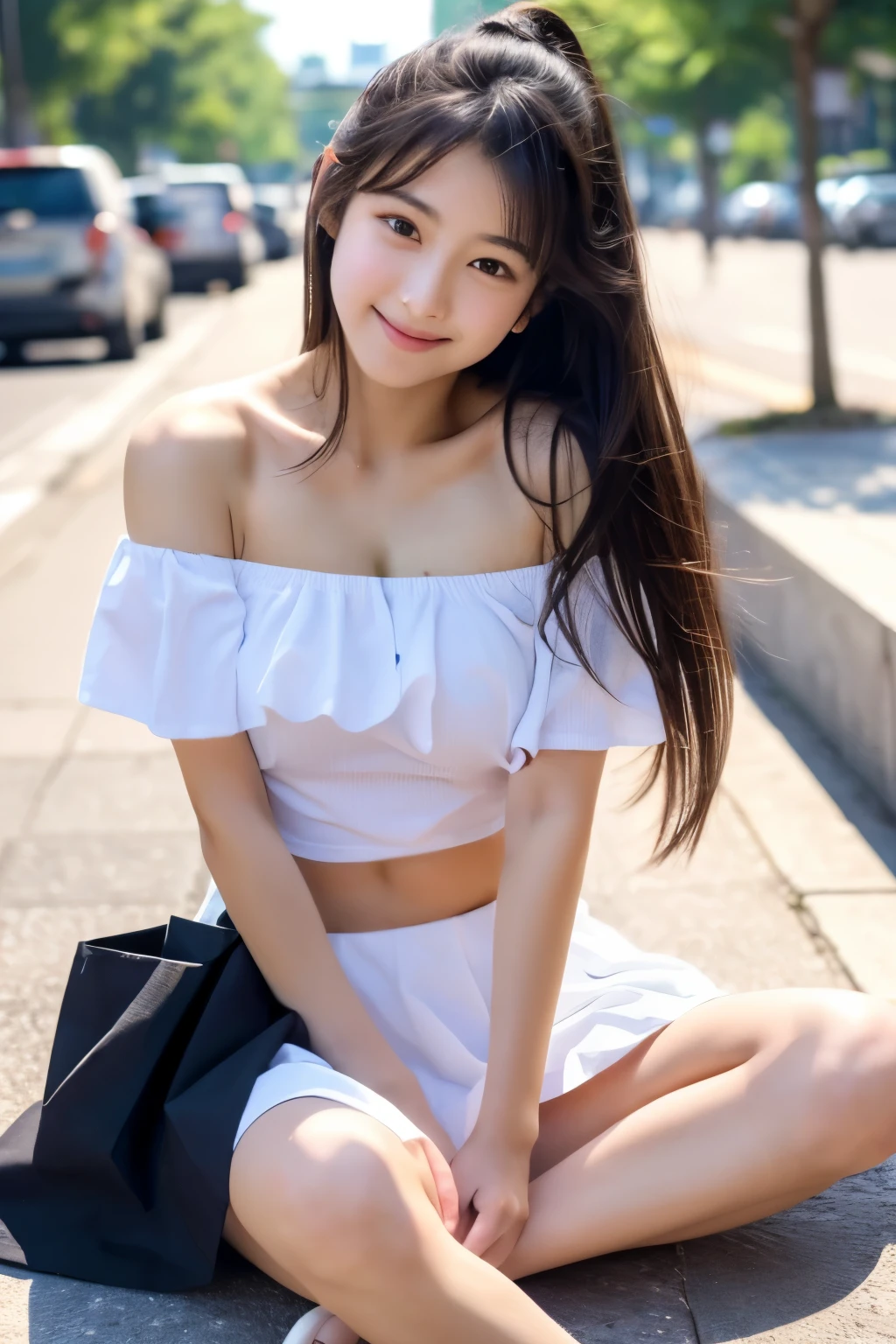 masterpiece, high-quaiity,(Correct Anatomy),Raw Photos, Photorealistic、Cute face,(well-proportioned face:1.5)、Embarrassed look,High resolution,Super detailed,Fine details,Very detailed,very realistic eyes and face,Sexy look,Mouth open,smile,wink,Realistic students,Sharp Focus,natural light,in the morning,day light,high quality,(Japanese)、Cute Korean idol style,Black Hair,(White cotton off-shoulder),(check mini skirt),(no pantie),((The front of the body is facing the camera))、the body foward to camera,sitting on a busy sidewalk,((spread legs wide)),Spreading her legs、Sitting with knees up,legs lift up,(Lifting up her skirt),(17years old),、(girl),solo,long hair,Long Hair,Knees spread wide,(Thighs wide apart),(Looking at the camera),flat chest,Narrow waist