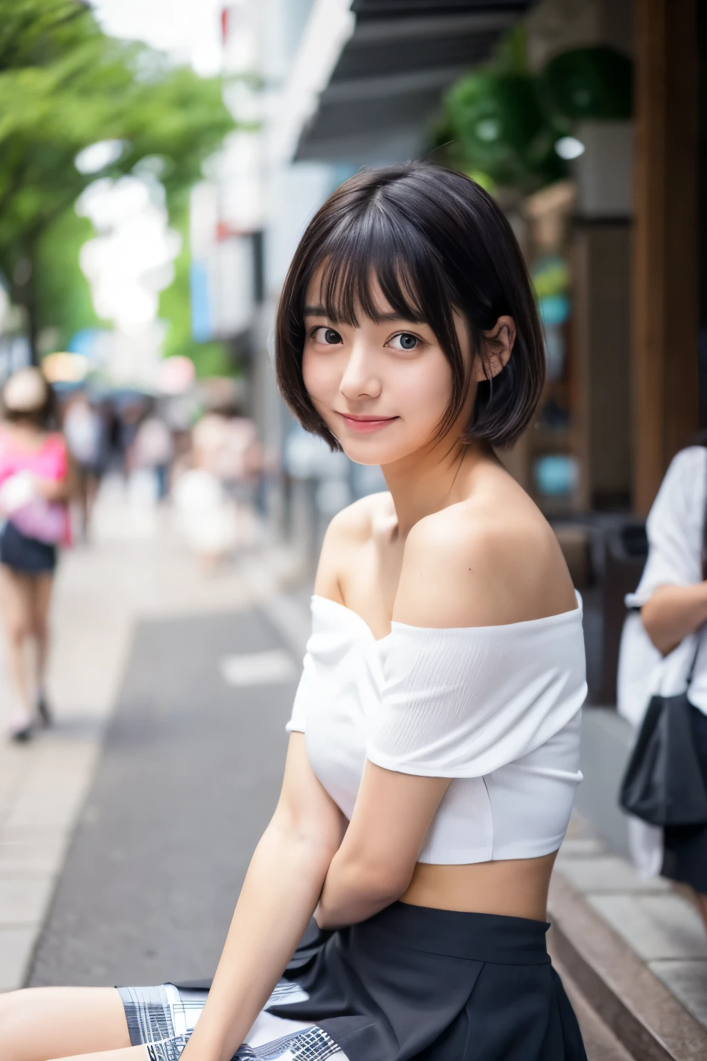 masterpiece, high-quaiity,(Correct Anatomy),Raw Photos, Photorealistic、Cute face,(well-proportioned face:1.5)、Embarrassed look,High resolution,Super detailed,Fine details,Very detailed,very realistic eyes and face,Sexy look,Mouth open,smile,wink,Realistic students,Sharp Focus,natural light,in the morning,day light,high quality,(Japanese)、Cute Korean idol style,Black Hair,(White cotton off-shoulder),(Checked mini skirt),(no pantie),((The front of the body is facing the camera))、the body foward to camera,sitting on a busy sidewalk,((spread legs wide)),Spreading her legs、Sitting with knees up,legs lift up,(Lifting up her skirt),(17years old),17 years old、(girl),solo,short cut,Short Hair,Knees spread wide,(Thighs wide apart),(Looking at the camera),flat chest,Narrow waist