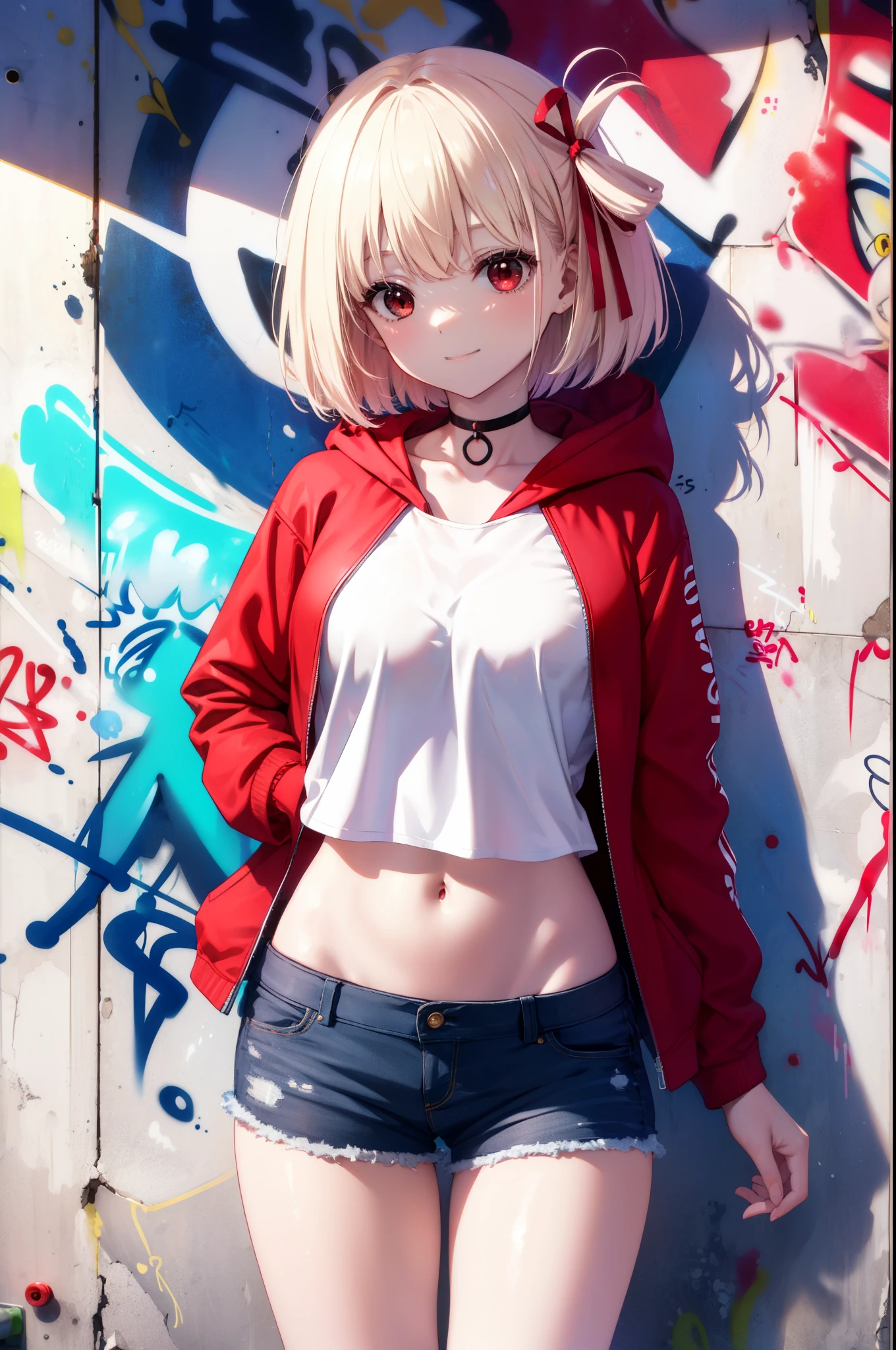 Chisato Nishikigi, Chisato Nishikigi, short hair, bangs, Blonde, (Red eyes:1.5), Hair Ribbon, One side up, happy smile, smile, red hoodie Front open,Wearing a hood,Blowing bubble gum, Pink bubble gum,Bobcut,navel tank top,Denim shorts, choker, (graffiti:1.5), Paint splashes, Put your arms behind your back, Against the wall, Looking at the audience , Thigh straps, Tilt your head, was bored,break outdoors, alley,break looking at viewer, (Cowboy Shot:1.5),
break (masterpiece:1.2), highest quality, High resolution, unity 8k wallpaper, (shape:0.8), (Beautiful and detailed:1.6), Highly detailed face, Perfect lighting, Highly detailed CG, (Perfect hands, Perfect Anatomy),