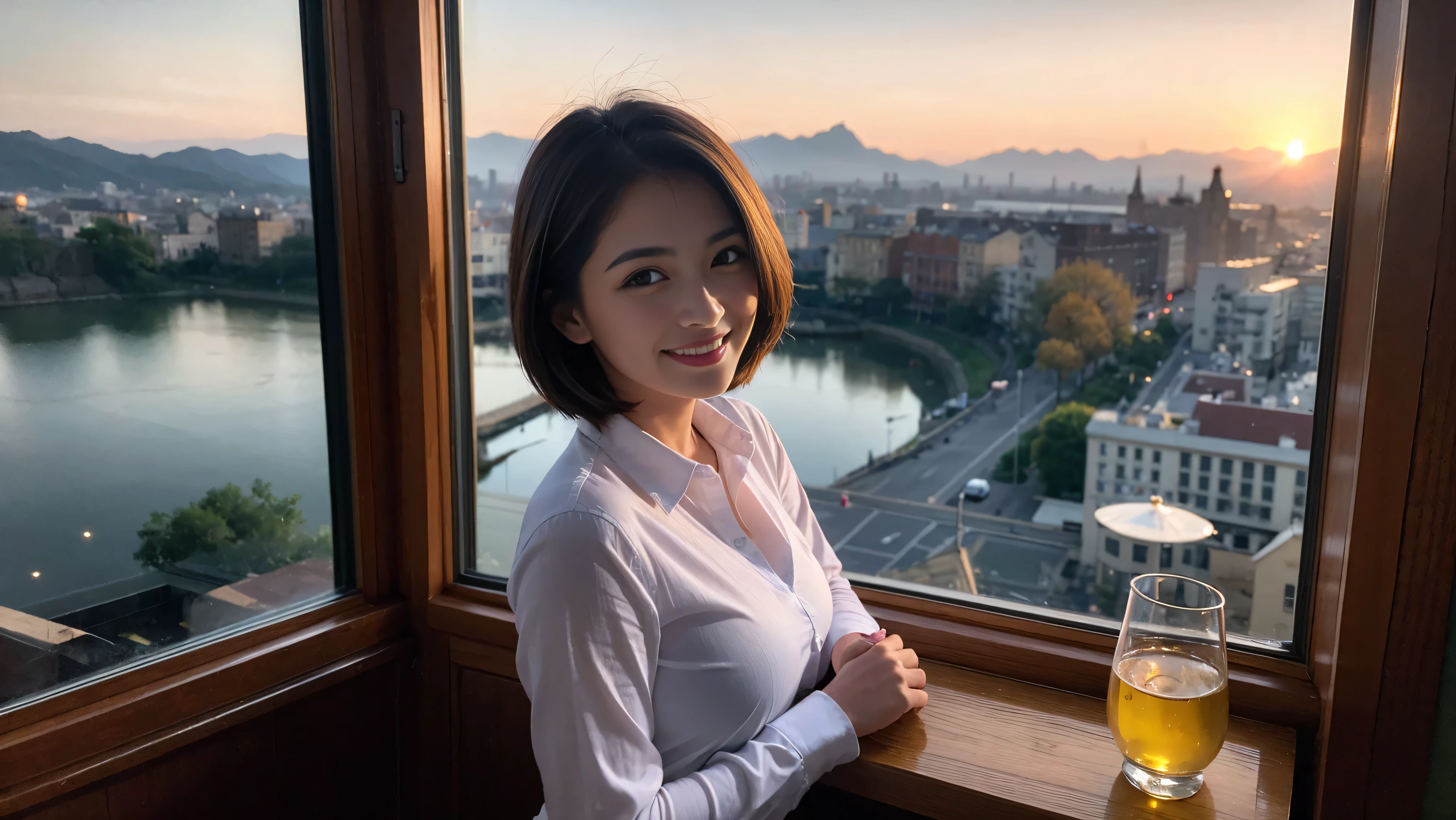 ((highest quality、8k、masterpiece:1.3))、Sharp focus:1.2、Beautiful woman perfect body:1.4、Slim body、((Bob Hale、Straight hair:1.2))、(to be born, highest quality, masterpiece:1.5), (Realistic, Intricate details:1.2), Ultra-high resolution, Spectacular view of the sunset sky and clouds、Amazing mountain views、A bright smile、A lovely woman with a smile、Bright image、2. Wine Beauties, Beautiful Face, blue eyes, The light shines on your face, Blushing, short hair,Bright face、Fox face、 (36 years old), 39 years old, Lady、red wine 、hors d'oeuvre、Italian food、wine bottle、Champagne、sparkling wine、two beauties、brown hair、Shortcuts、Long sleeve shirt、dress、Pretty Woman 1, (slim face), (The body is slim), (brown hair), (Shortcuts), cheeks turn a little red,charming beauty、, Out of the window, A beautiful and detailed night view unfolds.........., restaurant, In a prominent place (From the waist up) Nova Frog Style, actress, model, Upper Body, White wine, slim, wine glass, wine glass placed in the middle, smile, (smile: 1.15), Beautiful fine grain, Depth f/2,saturation, High Contrast, Strong light and shadow,Moist Body:1.5、3D texture、Delicate eyes、brown hair、The hair is very shiny、