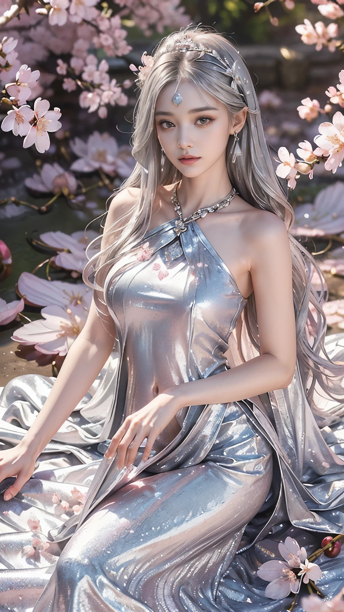 8K, ultra hd, masterpiece, hd color, 1 girl, perfect face, very long curly hair, detailed eyes, she wears a small sexyly silver dress, ((silver clothes)), stockings, (( criss-cross lace)), sardine, straps, clothing net, ((long loop)), jewelry, seaside, Realistic landscape, majestic landscape, standing in front of the night, evening, Butterfly , cherry blossoms, blowing wind, perfect posture, sexyly poses,