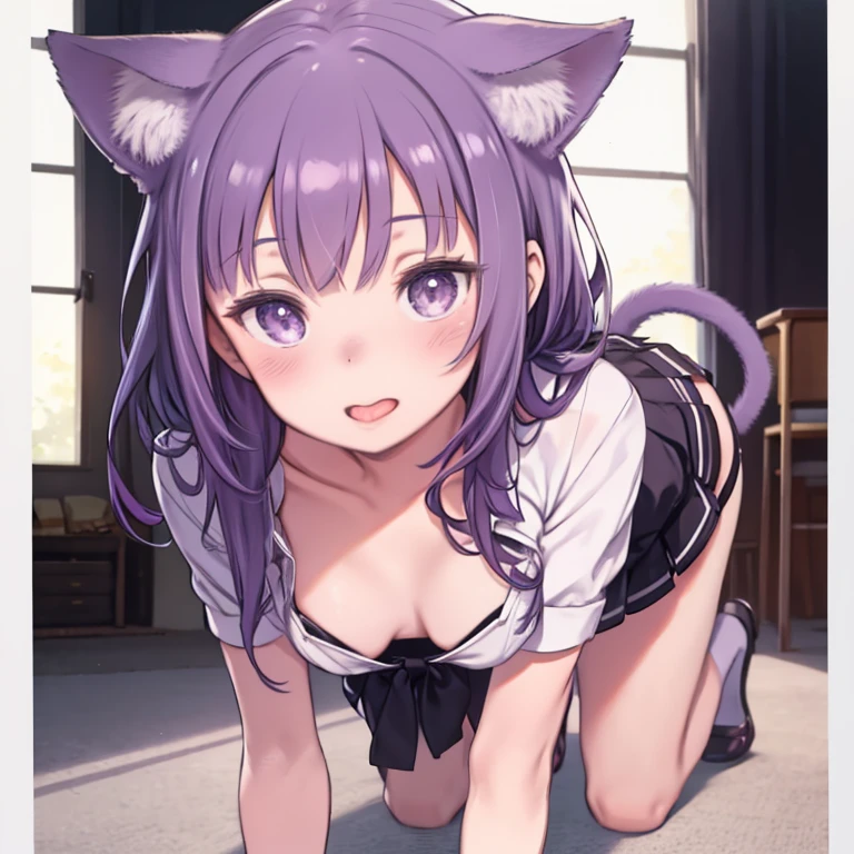 Light purple hair,short hair,small breasts,cat ears,ahegao,blush,sweat,open mouth,rolling eyes,tears,tongue out,tongue out,saliva trail,excessive cum,cumdrip,spread pussy,Uterus,nsfw,vaginale,all fours,ass pov,from behind,cum string,crotch grab