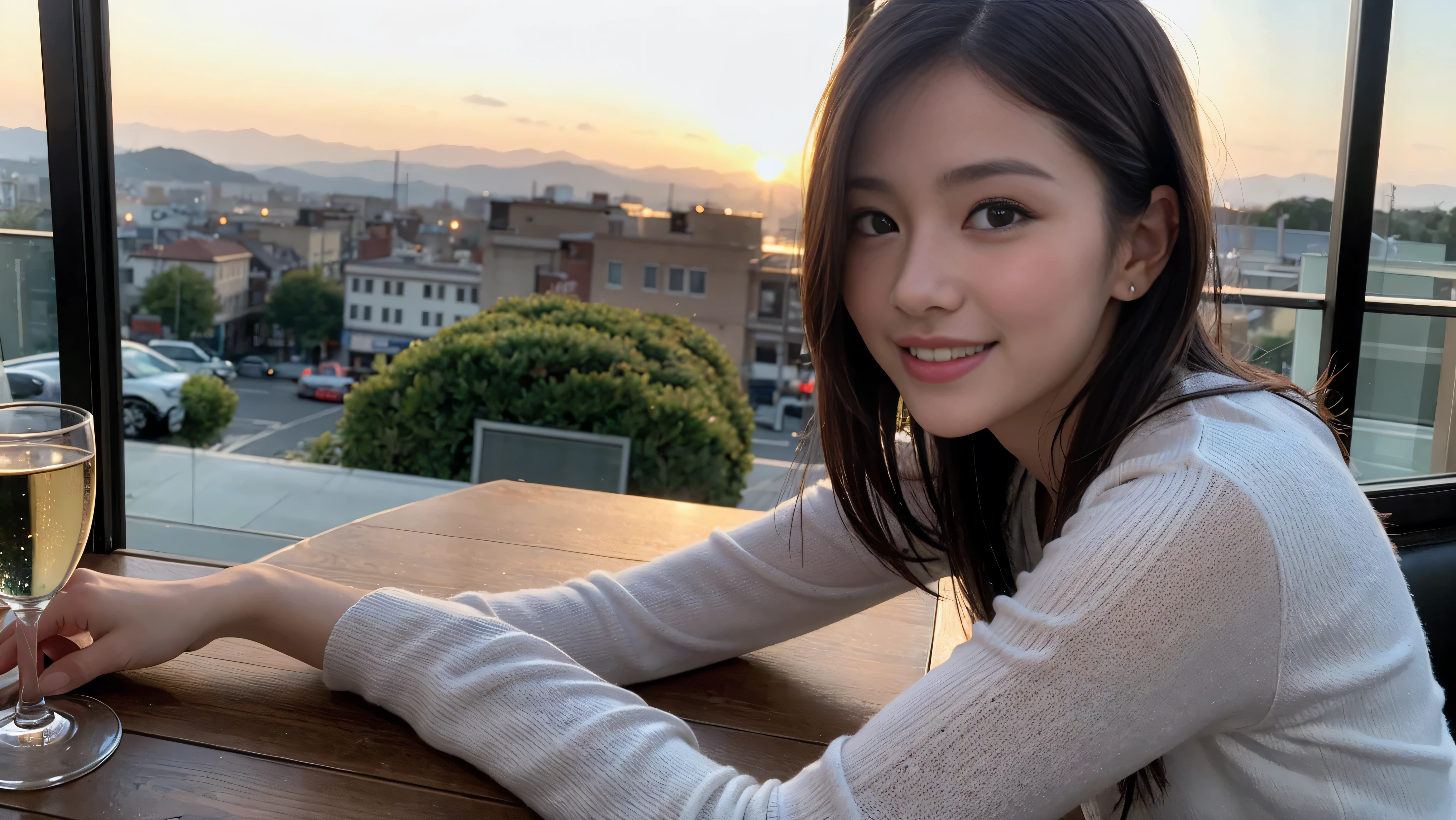 ((highest quality、8k、masterpiece:1.3))、Sharp focus:1.2、Beautiful woman perfect body:1.4、Slim body、((Bob Hale、Straight hair:1.2))、(to be born, highest quality, masterpiece:1.5), (Realistic, Intricate details:1.2), Ultra-high resolution, Spectacular view of the sunset sky and clouds、Amazing mountain views、A bright smile、A lovely woman with a smile、Bright image、2. Wine Beauties, Beautiful Face, blue eyes, The light shines on your face, Blushing, short hair,Bright face、Fox face、 (42 years old), 39 years old, Lady、red wine 、hors d'oeuvre、Italian food、wine bottle、Champagne、sparkling wine、two beauties、brown hair、Shortcuts、Long sleeve shirt、dress、Pretty Woman 1, (slim face), (The body is slim), (brown hair), (Shortcuts), cheeks turn a little red,charming beauty、, Out of the window, A beautiful and detailed night view unfolds.........., restaurant, In a prominent place (From the waist up) Nova Frog Style, actress, model, Upper Body, White wine, slim, wine glass, wine glass placed in the middle, smile, (smile: 1.15), Beautiful fine grain, Depth f/2,saturation, High Contrast, Strong light and shadow,Moist Body:1.5、3D texture、Delicate eyes、brown hair、The hair is very shiny、
