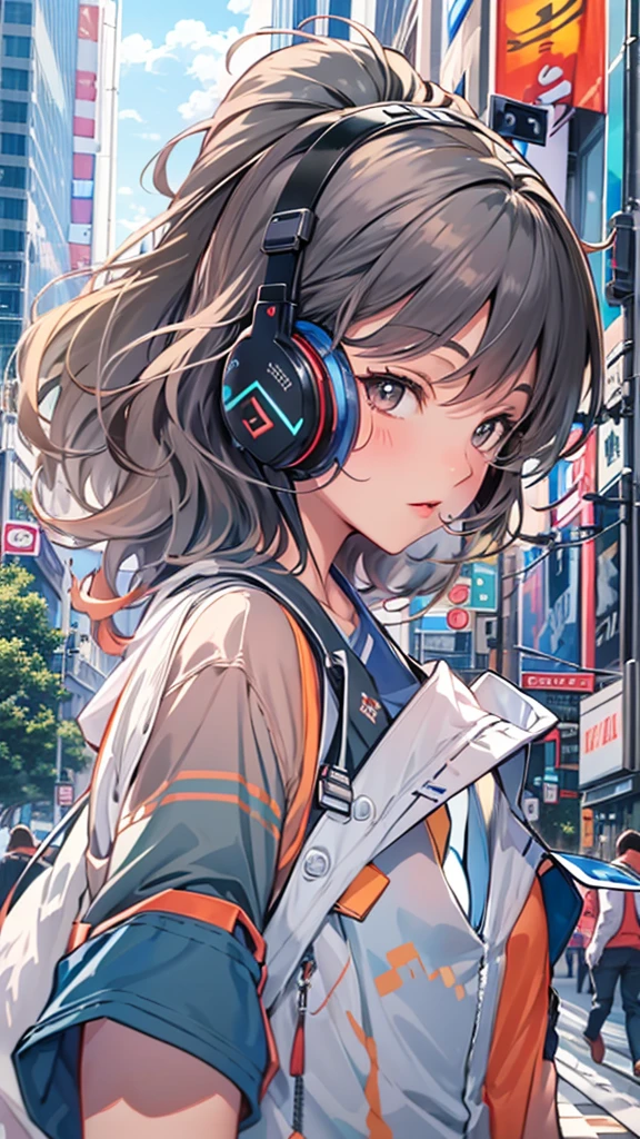 (masterpiece), (highest quality:1.4), (Ultra-high resolution:1.2), Ultra-detailed backgrounds, (unity 8k wallpaper), A pretty high school girl wearing headphones walking through the streets of Tokyo in an illustration influenced by city pop culture、Wear loose socks for a stylish and nostalgic look、One subject without splitting the screen