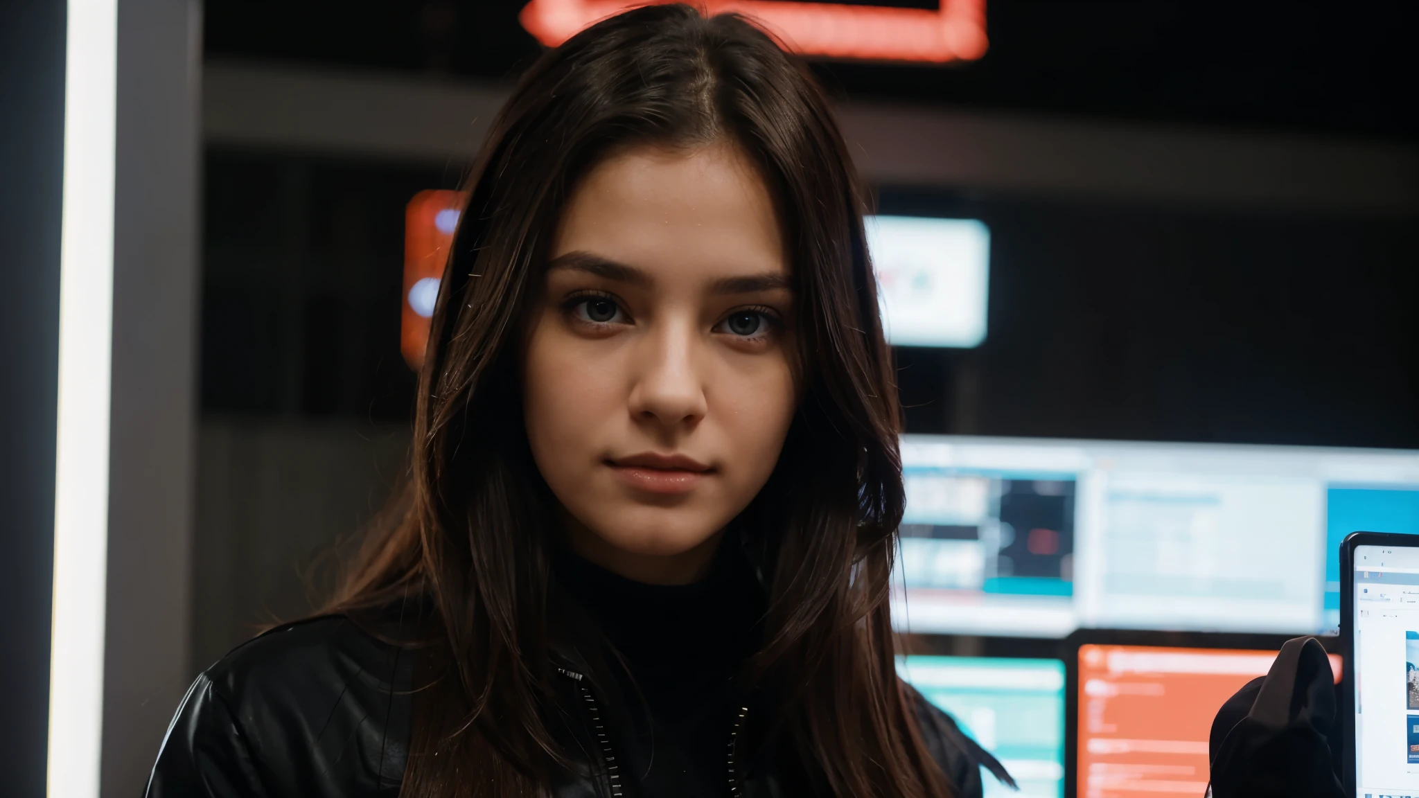 a beautiful girl, so attractive look, attractive eyes, long hair, good looking and cute face, seeing directly in the camera, wearing digital gadgets, digital computers, hacking background , black coat, realistic, real skin, 8k, hd, hacker
