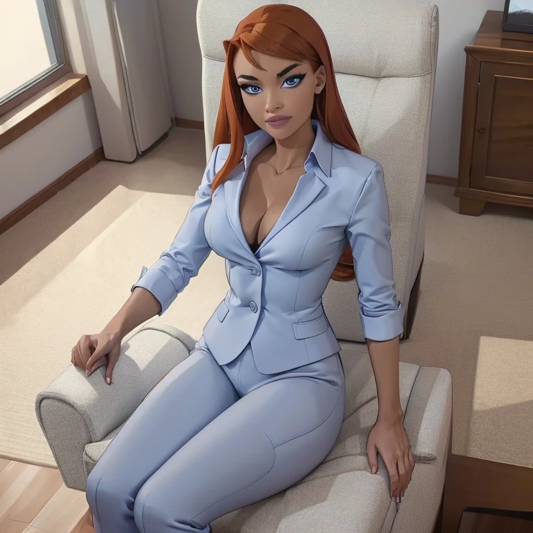 (masterpiece, high quality) woman, formal business suit, shirt, pants, solo , looking at viewer, perfect face, suits tan, tan colour, white shirt,sexy breasts,fit super model body, fit_business_suit s, crystal blue eyes, eyelashes, makeup, skyscraper, full body, she is the boss, ultra quality 4k, super confident, sit like the boss, [From Below, Looking Up][Modern Office Setting]