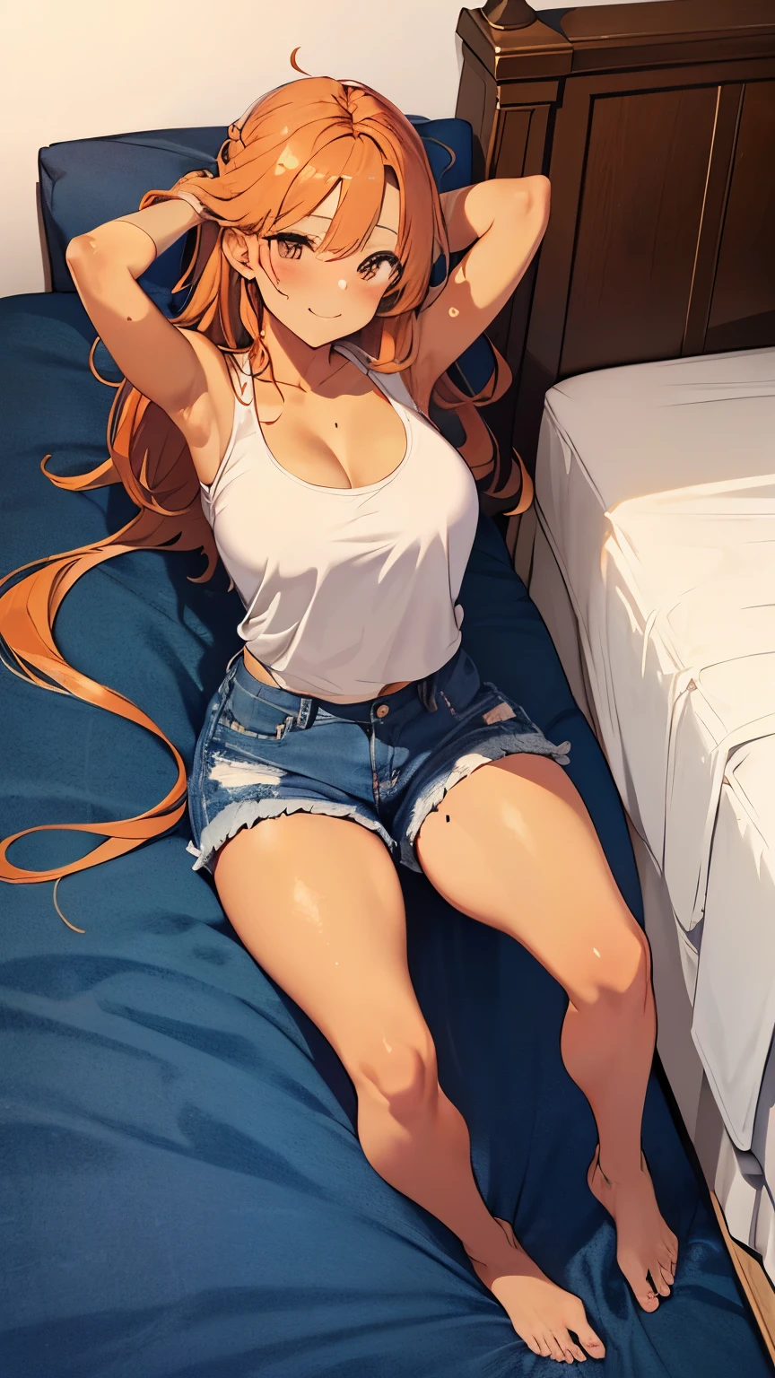 1人の女性, smooth hair, cute devil horns, cute  face, Yellow eyes, on the beds, ripped shirt,I see underwear, thick thighs,Lie down,masturbation,I can see my nipples