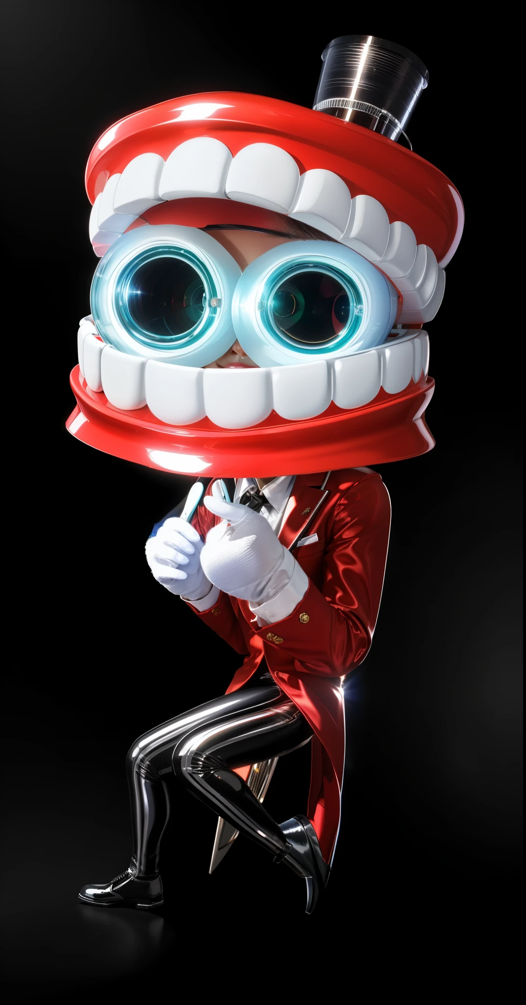The image depicts a three-dimensional character with a large smile as a head, wearing a red suit and a top hat. The character has green eyes and is sitting on a chair. glossy texture, smooth 3d model, multiple light sources, rim light, sharp post effects render, (glossy plastic texture with multiple big light probe refractions), perfect cgi, smooth silhouette, high intensity refraction, (super glossy material), most beautiful vfx, blue background, plastic refractions, realistic, 4k, high resolution, rim light, photo shoot, commercial photo, profile shot, 4k, rim light, high resolution, 4k, glossy texture, smooth 3d model, multiple light sources, rim light, sharp post effects render, (glossy metallic texture with multiple big light probe refractions), perfect cgi, cgi art created only with gradients, smooth silhouette, high intensity refraction, (super glossy chrome material), most beautiful vfx, blue background, chrome metal refractions, multiple light sources, rim light, sharp post effects render, perfect cgi, digital art, detailed digital art, reflective, best quality, 4k, masterpiece:1.2, ultra-detailed, realistic, vivid colors, dark and moody lighting, The image of the highest quality, ensuring every detail showcased perfectly. It in 4k resolution, allowing viewers to immerse themselves in the richness of the colors and intricate details. The realistic rendering. under the spotlight, reflecting, high-resolution image, realistic rendering, dark background, and rim light photorealistic