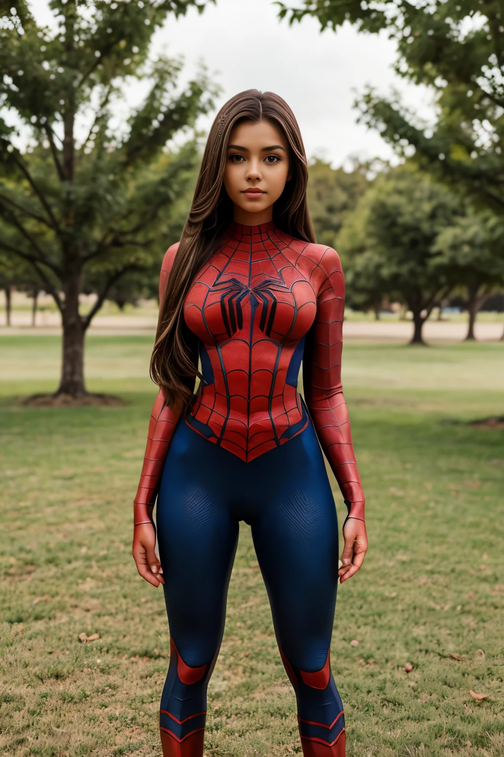Full body Spider man girl look at viewer,Young Instagram model, slim, long brown hair in a ponytail, 34dd breast size, brown eyes, tan skin, prefect face, make up, pretty face, standing, grass background tree