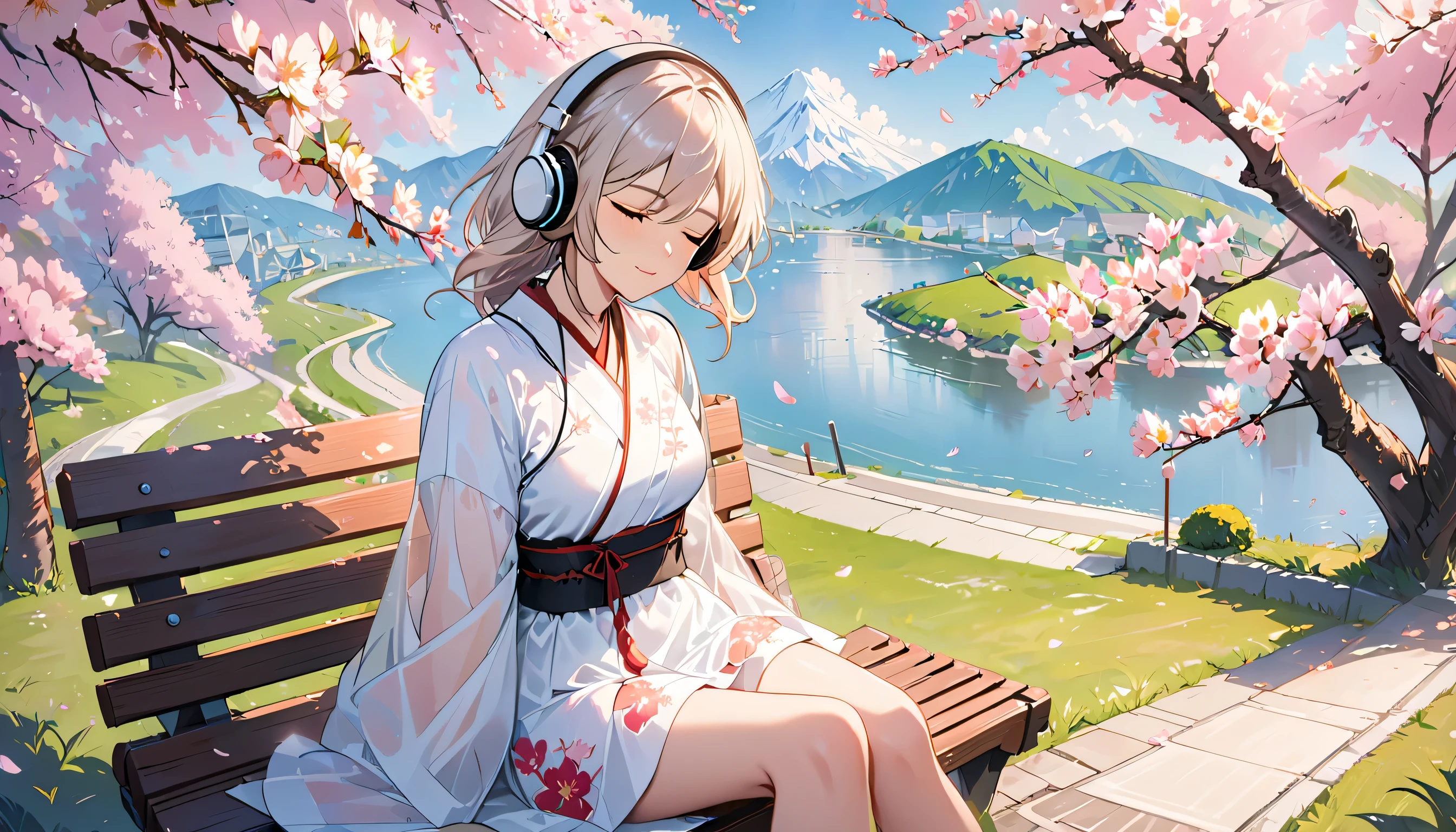 ((best quality)), ((masterpiece)), (detailed), perfect face, sitting under the cherry blossom tree, listening to music, One woman, wearing headphones, eyes closed, wearing underwear, underwear is transparent, sitting on a bench