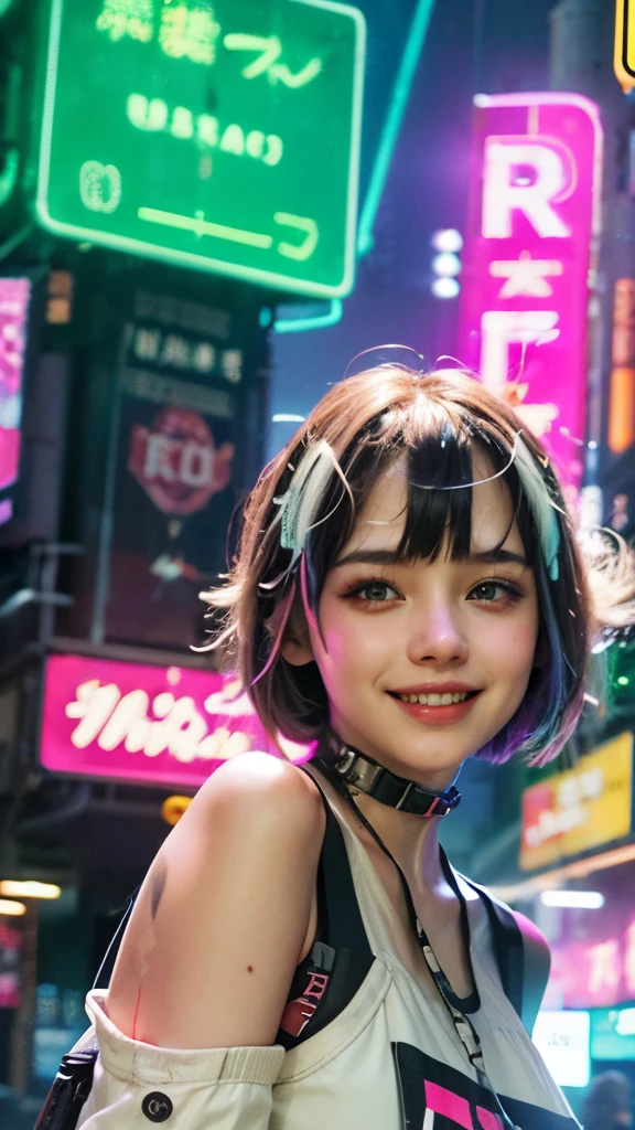 A colorful Bob cut haired punk girl, smooth white skin, innocent look, , Ultra high res, uhd, (photorealistic:1.4), cyberpunk outfit, winking, smiling ear to ear, neon lighting, wearing short pants, colorful leather boots