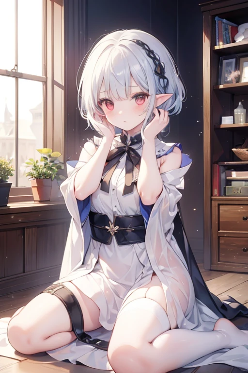 (masterpiece), one girl, elf, silver hair, red eyes, bob cut, braided hair, ((facing front)), ((putting both hands on one's face)), ((surprised)), (blush), fantasy style costume, wizard, robe, long skirt, tights, indoors, kneeling, concept art, beautiful anime scene, beautiful anime scenery, top rated on pixiv, top quality, 4K