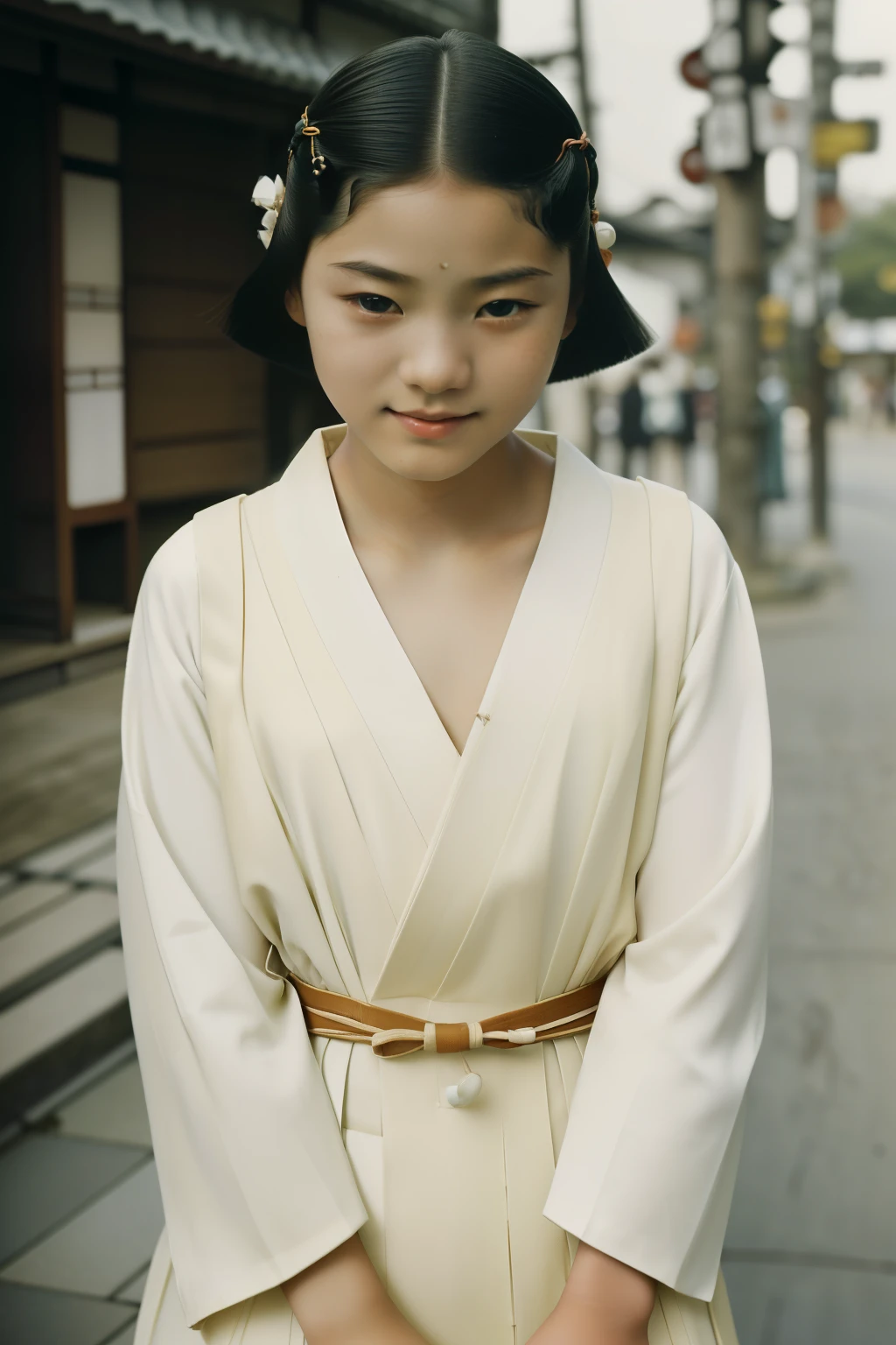 Kioto, 1934. A young (((()) Sayuri)), strikingly beautiful, delicate facial features, porcelain skin, expressive eyes, in the street, shy smile, ((((japanese clothings from the 1930s)))), ((hairstyle of the 1930s)), colorful