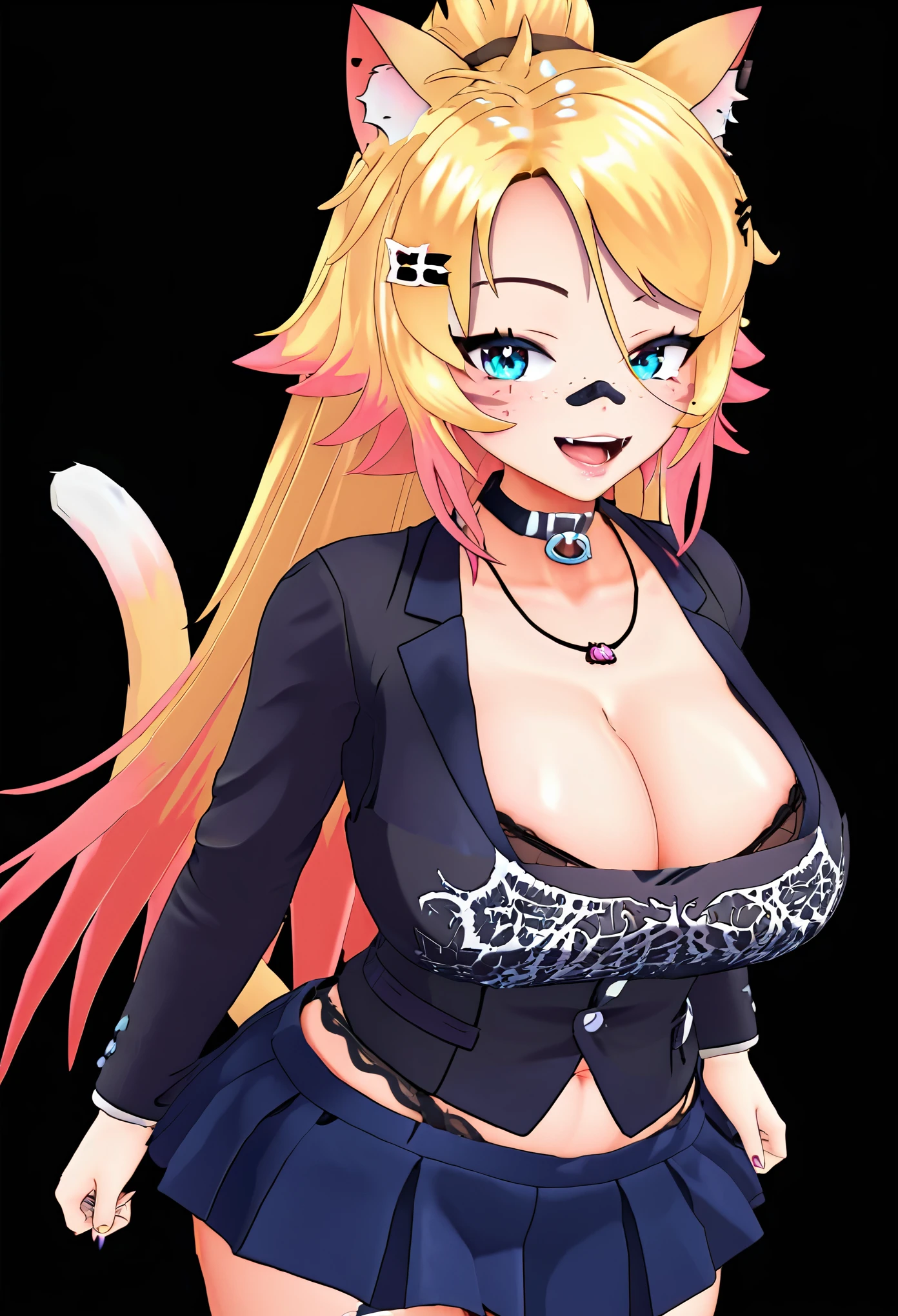 (8k, RAW photos, top quality, masterpiece: 1.2), (High Quality), ray tracing, HDR, (High Details), (Face detail), (Shadow Detail), 1girl, solo, obkatiekat, 3d, 3d render, vtuber, blonde hair, cat ears, thick thighs, cleavage, large breasts, cat tail, , blazer, skirt,