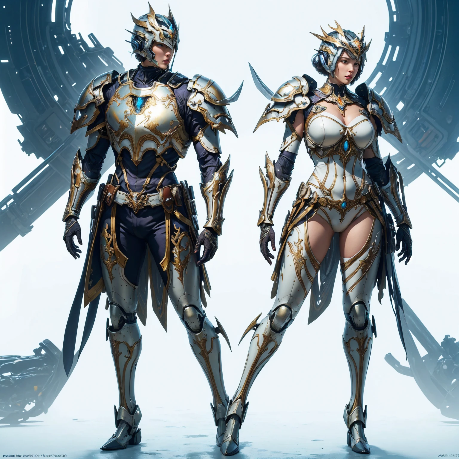 ((Shooting from front)), (full body), Standing, (masterpiece, best quality:1.3), extremely high detailed, realistic, real person, ultimate-realistic, ultimate-realistic details, ultimate-realistic texture, realistic light source, realistic shadow, intricate, 8k, HDR, wallpaper, cinematic lighting, (universe), glowing, a woman in shining mecha armor(royalty ornate) full helmet, gloves, (Gorget Plackart pauldron :1.3), short hair, huge-breasted:1.5, slippery ((white background)), futuristic, modern (high detailed skin:1.1), wide angle.