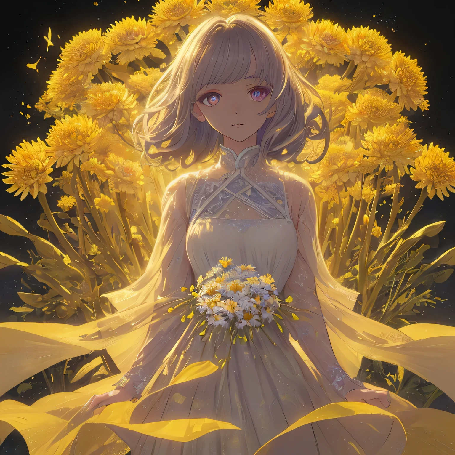 Aster piece inspired by chrysanthemum,(( highest quality)), High resolution, 8k, Cinematic Light, High Contrast, Written boundary depth, Strong brilliance, Detailed Background, One Girl, cute, fine grain, Shining Eyes, Detailed Iris,