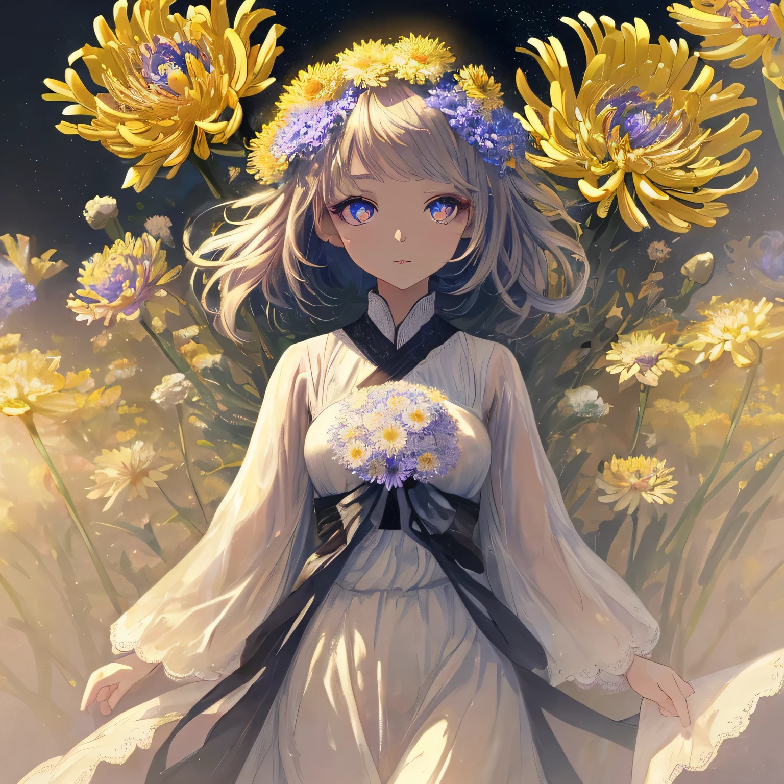 Aster piece inspired by chrysanthemum,(( highest quality)), High resolution, 8k, Cinematic Light, High Contrast, Written boundary depth, Strong brilliance, Detailed Background, One Girl, cute, fine grain, Shining Eyes, Detailed Iris,