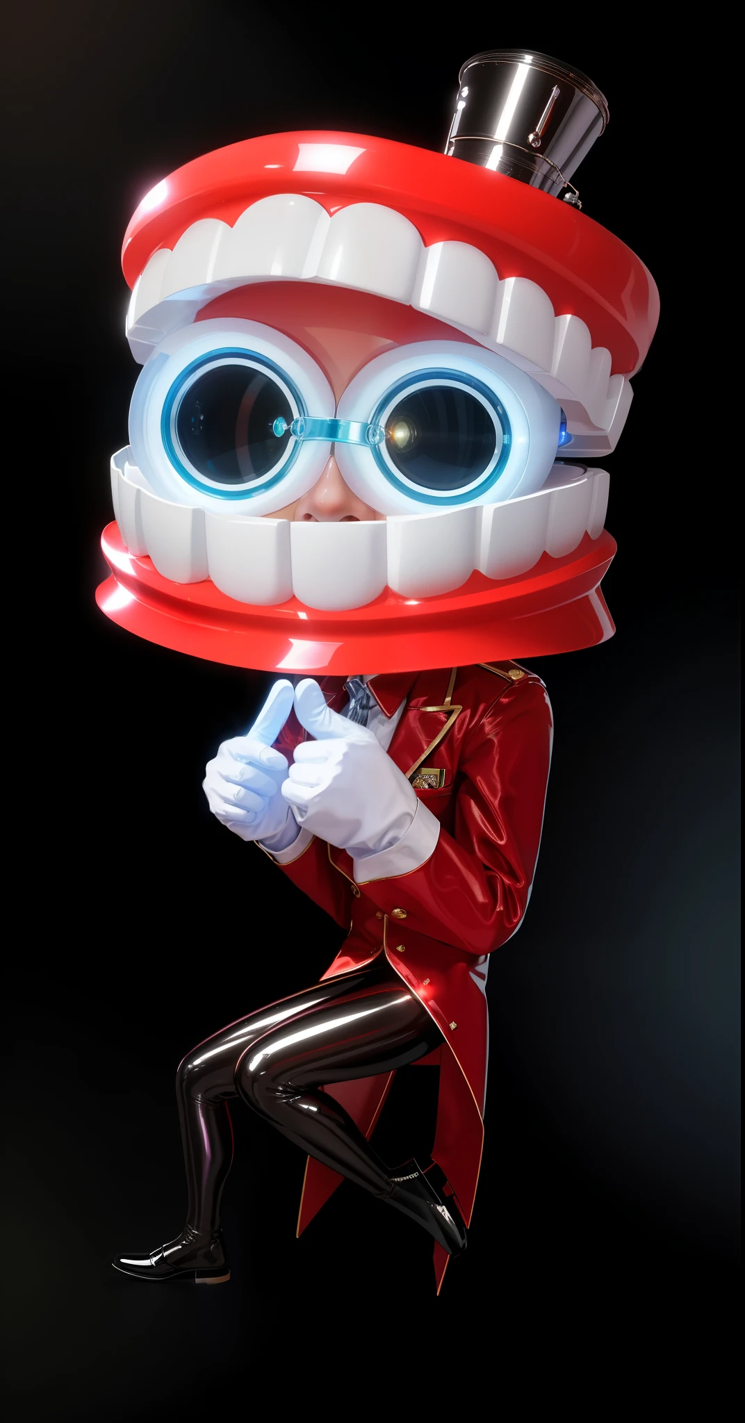 The image depicts a three-dimensional character with a large smile as a head, wearing a red suit and a top hat. The character has green eyes and is sitting on a chair. glossy texture, smooth 3d model, multiple light sources, rim light, sharp post effects render, (glossy plastic texture with multiple big light probe refractions), perfect cgi, smooth silhouette, high intensity refraction, (super glossy material), most beautiful vfx, blue background, plastic refractions, realistic, 4k, high resolution, rim light, photo shoot, commercial photo, profile shot, 4k, rim light, high resolution, 4k, glossy texture, smooth 3d model, multiple light sources, rim light, sharp post effects render, (glossy metallic texture with multiple big light probe refractions), perfect cgi, cgi art created only with gradients, smooth silhouette, high intensity refraction, (super glossy chrome material), most beautiful vfx, blue background, chrome metal refractions, multiple light sources, rim light, sharp post effects render, perfect cgi, digital art, detailed digital art, reflective, best quality, 4k, masterpiece:1.2, ultra-detailed, realistic, vivid colors, dark and moody lighting, The image of the highest quality, ensuring every detail showcased perfectly. It in 4k resolution, allowing viewers to immerse themselves in the richness of the colors and intricate details. The realistic rendering. under the spotlight, reflecting, high-resolution image, realistic rendering, dark background, and rim light photorealistic