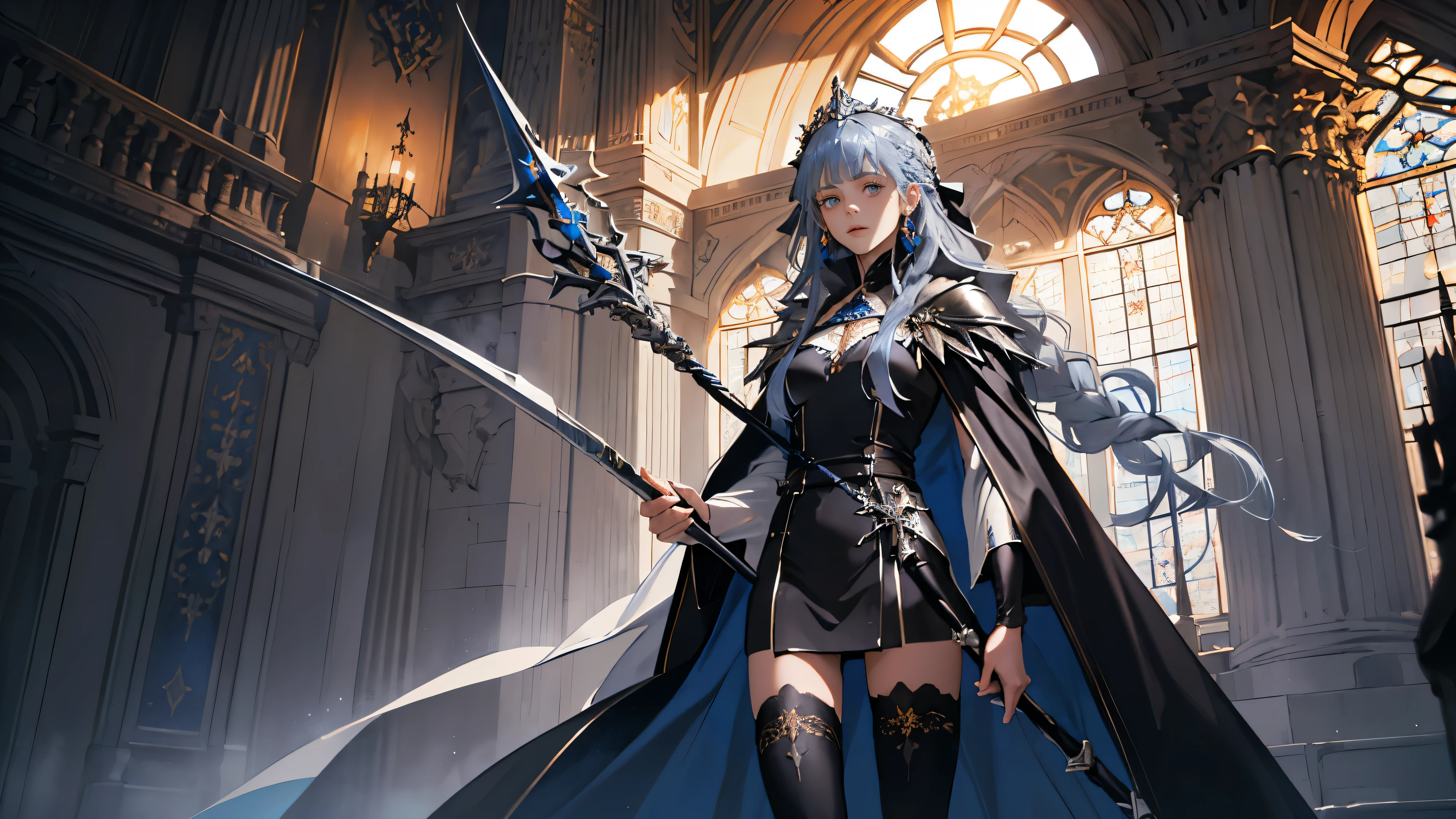 masterpiece, ultra detailed, 8k portrait, RAW photo, portrait photography, highly detailed face, beautiful and meticulous eyes, ((Fantasy)), Young beautiful, 22 years old, dynamic pose, (((expressionless))), (((blue gray colored hair))), ((one side braided with orange hair ribbon))), blunt bangs, White skin color, ((silver tiara)), Luxury, (((silver Silk Long Cloak))), (((Gorgeous Deep blue long robe))), (((dark thigh high tights))), high cut leather boots, ((lift up long magical staff)), Midday Sun, hyper realistic, Body model, Small breasts, Beautiful breasts, Long legs, in the castle, Ambient lighting, Shadow details , Camera focus on thigh, strong breeze, Light fog