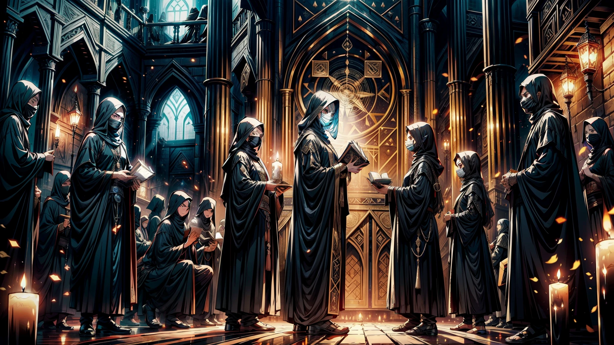 rpg, lord of the rings, Muslim abaya, crowd, bad guys, wear black Muslim abaya, hiding in shadow, wearing black mask, holding history book, tantric, dangerous, conspiracy, cabal, many people, ancient rites, epic film, no lights, mysterious , 1 high evil priest in center, no candles