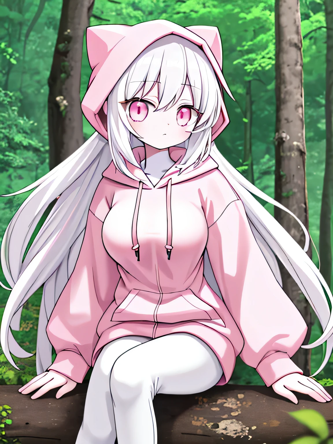 White hair pink eyes sit in the village forest background medium breast long hair white skin 15 years old woman pink hoodie short white pants