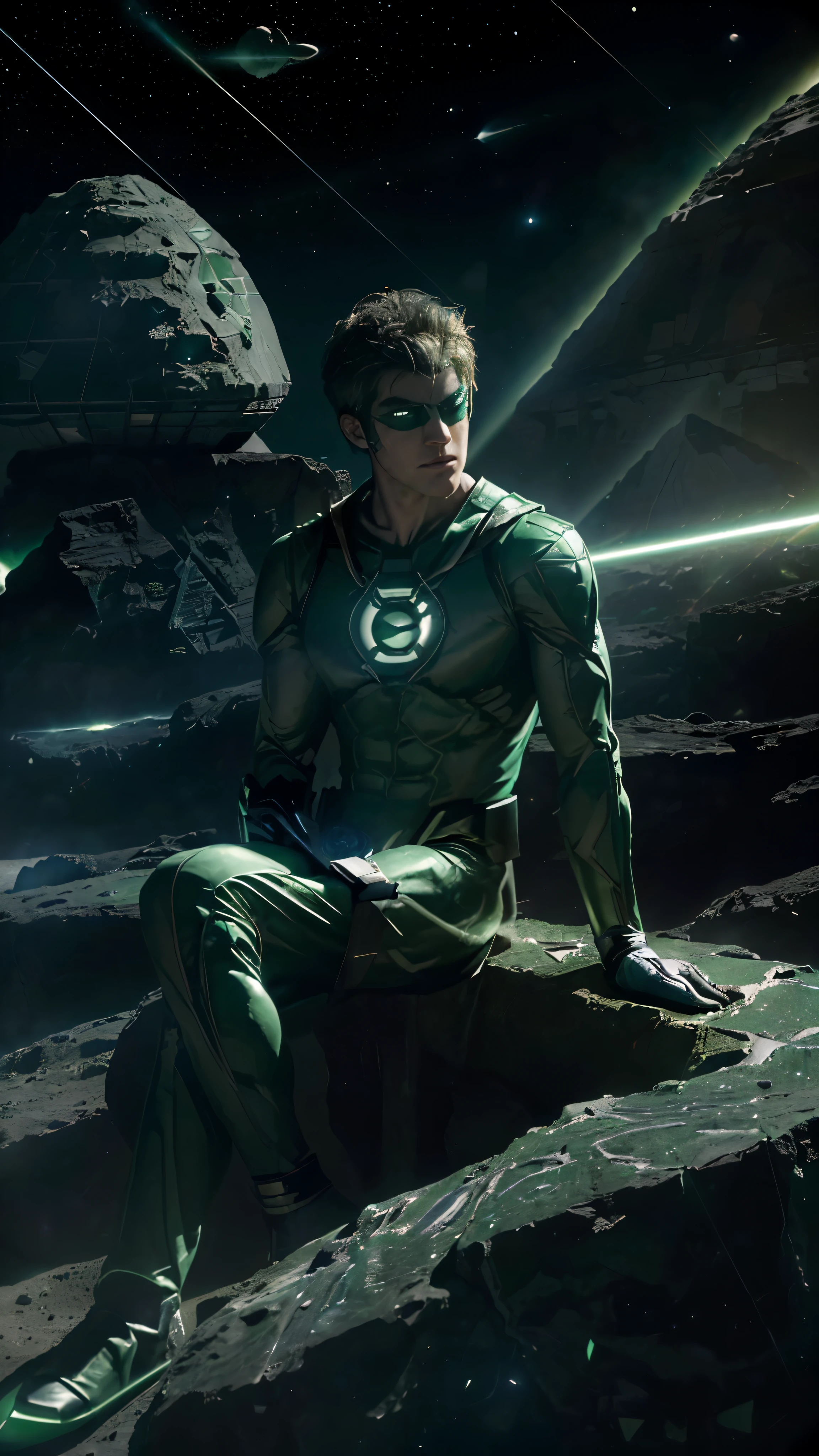 ((Green Lantern:1.2)), ((sitting:1.5)), on ((research platform:1.5)), in the ((asteroid belt:1.37)), surrounded by ((glowing asteroids:1.4)), with ((fiery aura:1.4)), in the background. Dramatic ((lighting:1.5)) from ((distant stars:1.4)) and ((planets:1.37)) illuminates the scene, casting long shadows on the ((costume:1.37)). The young ((Green Lantern:1.2)) exudes ((confident:1.5)) and ((determined:1.5)) energy
