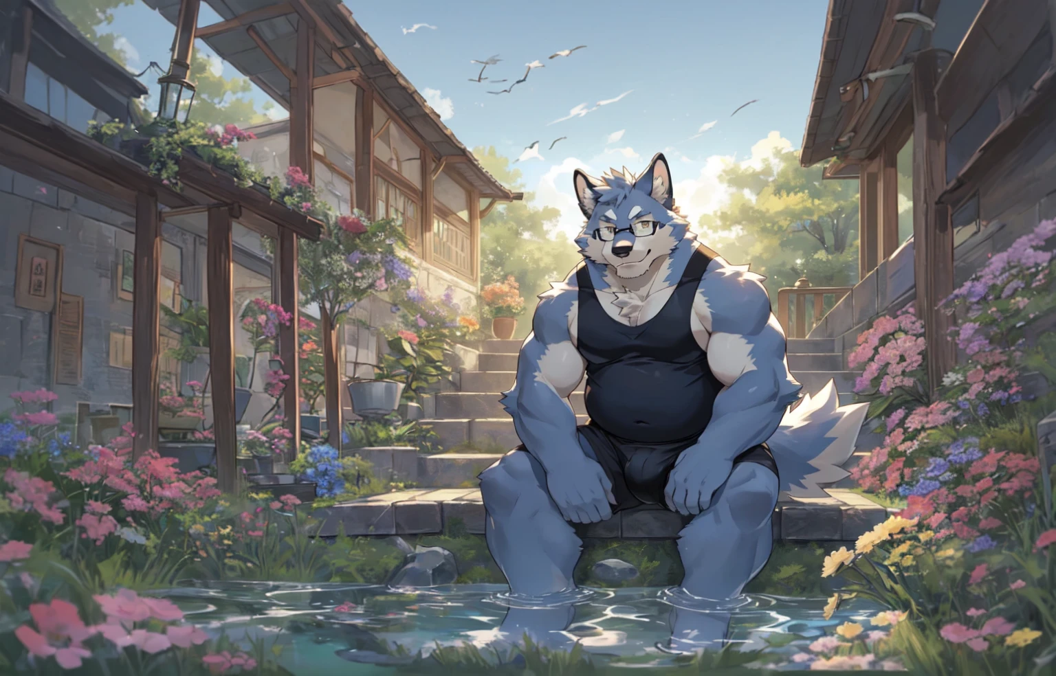 Complete courtyard,There are many flowers and grass,Extreme perspective details