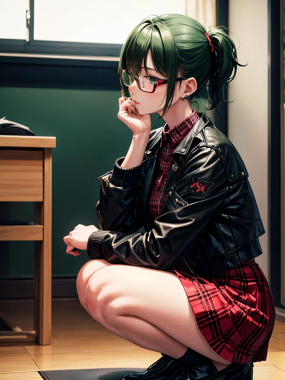 From the side、Green shorthair、Wearing glasses、A short black jacket、In a red checked mini skirt、Booted、In punk fashion、Squatting in the room