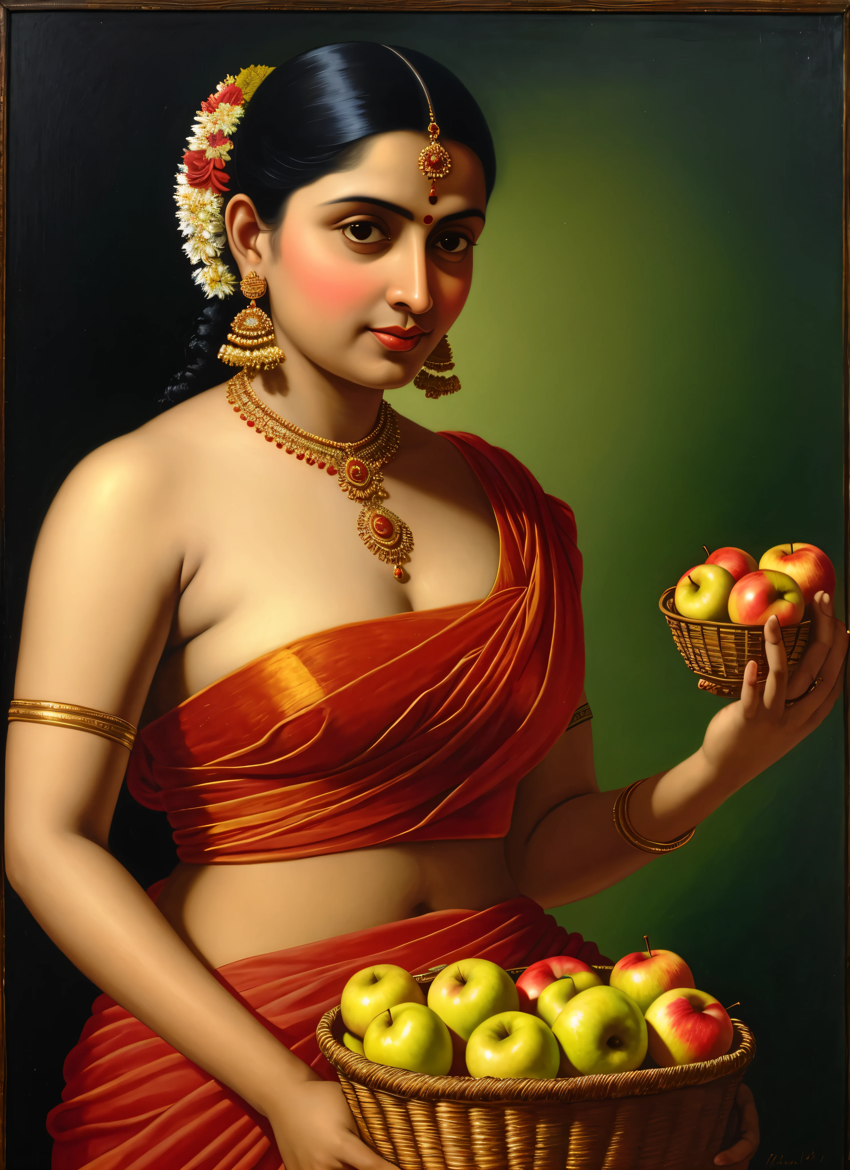 painting of a woman holding a basket of apples in her hands, inspired by Raja Ravi Varma, by Raja Ravi Varma, inspired by T. K. Padmini, szukalski ravi varma, portrait of a goddess, portrait of a beautiful goddess, a stunning portrait of a goddess, traditional beauty, portrait of modern darna, indian art
