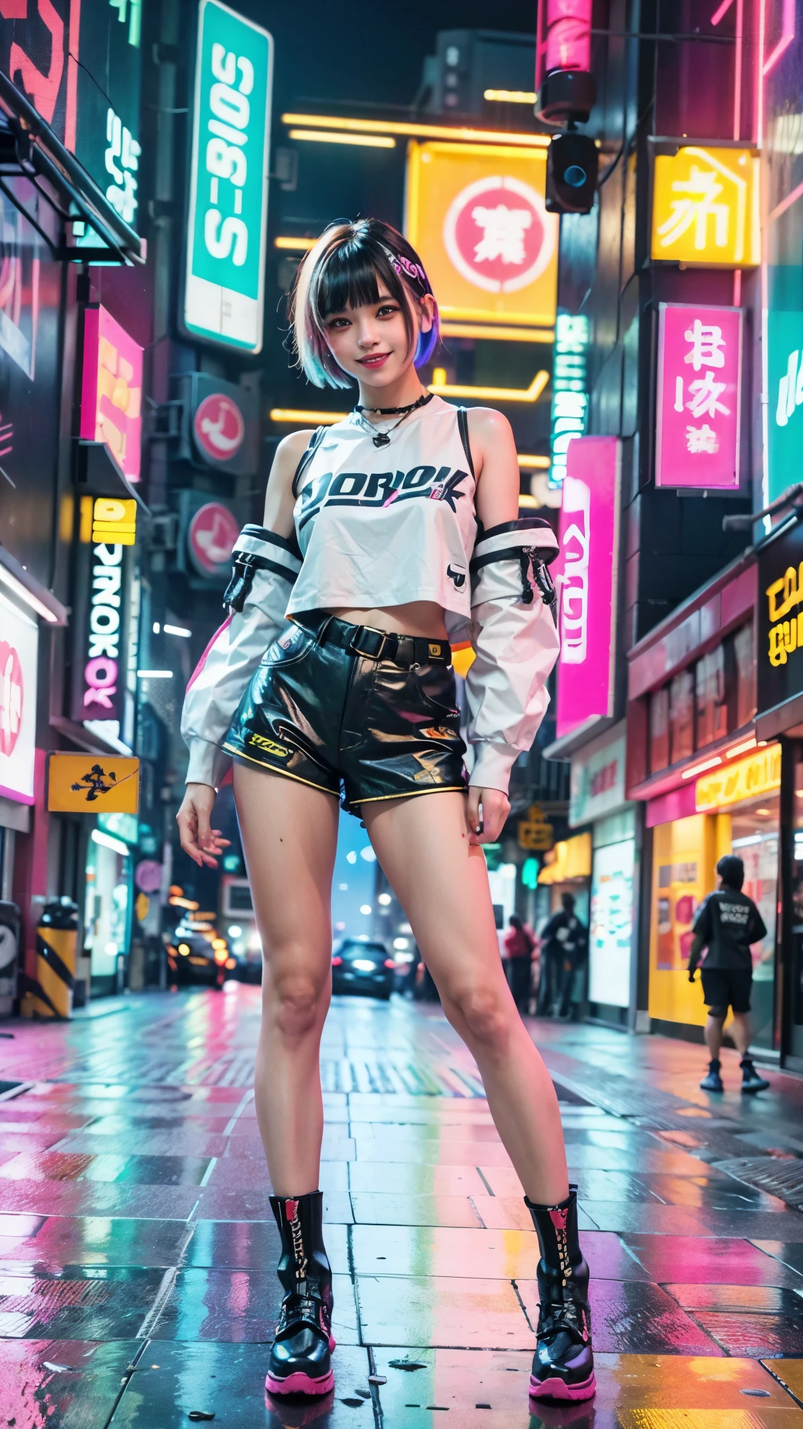 A colorful Bob cut haired punk girl, smooth white skin, innocent look, 15 years old, Ultra high res, uhd, (photorealistic:1.4), cyberpunk outfit, winking, smiling ear to ear, neon lighting, wearing short pants, colorful leather boots, full body shot, head to toe, fish eye lens, vogue pose