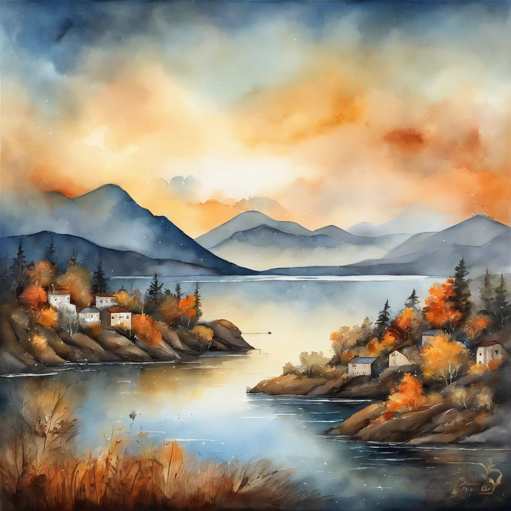 Intricately painted details of the city skyline reflected in the water of the bay ahead at the Murata range, Background Galaxy, cloud, Bright colors, High Contrast, Mountain, vector line drawing, Orange Highlights, Topics on pixiv, Anime Concept Art, stick, Mattheah, high quality, corner々to, Sanskrit