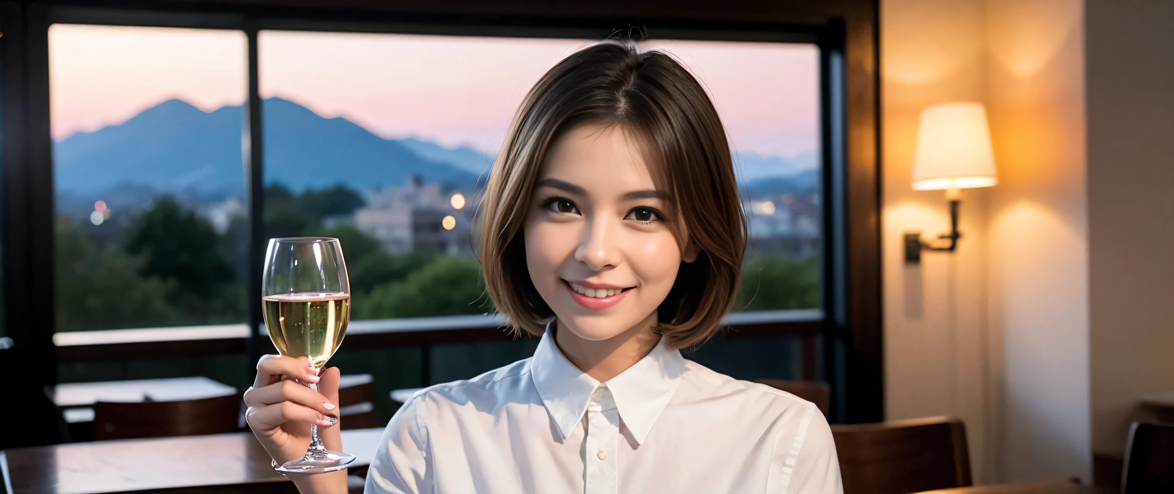 ((highest quality、8k、masterpiece:1.3))、Sharp focus:1.2、Beautiful woman perfect body:1.4、Slim body、((Bob Hale、Straight hair:1.2))、(to be born, highest quality, masterpiece:1.5), (Realistic, Intricate details:1.2), Ultra-high resolution, Spectacular view of the sunset sky and clouds、Amazing mountain views、A bright smile、A lovely woman with a smile、Bright image、2. Wine Beauties, Beautiful Face, blue eyes, The light shines on your face, Blushing, short hair,Bright face、Fox face、 (36 years old), 39 years old, Lady、red wine 、hors d'oeuvre、Italian food、wine bottle、Champagne、sparkling wine、two beauties、brown hair、Shortcuts、Long sleeve shirt、dress、Pretty Woman 1, (slim face), (The body is slim), (brown hair), (Shortcuts), cheeks turn a little red,charming beauty、, Out of the window, A beautiful and detailed night view unfolds.........., restaurant, In a prominent place (From the waist up) Nova Frog Style, actress, model, Upper Body, White wine, slim, wine glass, wine glass placed in the middle, smile, (smile: 1.15), Beautiful fine grain, Depth f/2,saturation, High Contrast, Strong light and shadow,Moist Body:1.5、3D texture、Delicate eyes、brown hair、The hair is very shiny、